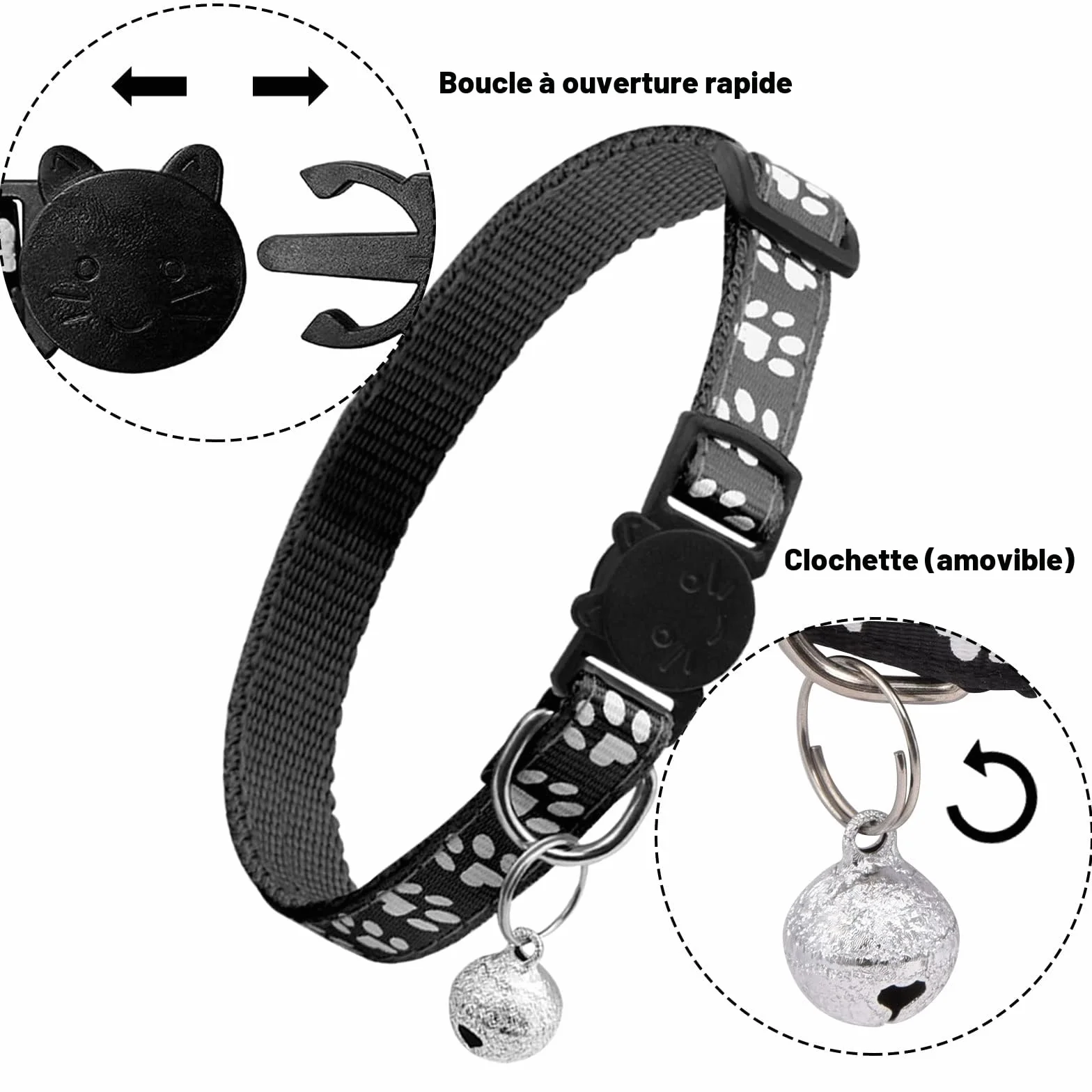 Collier Chat Anti Étranglement Réfléchissant Réglable avec Clochette de Sécurité