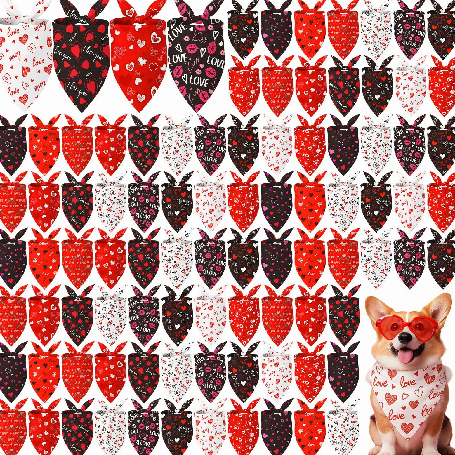 Shyyween Lot de 100 bandanas souples réglables pour la Saint-Valentin pour chiens de petite, moyenne et grande taille (65,6 x 45 x 45 cm)