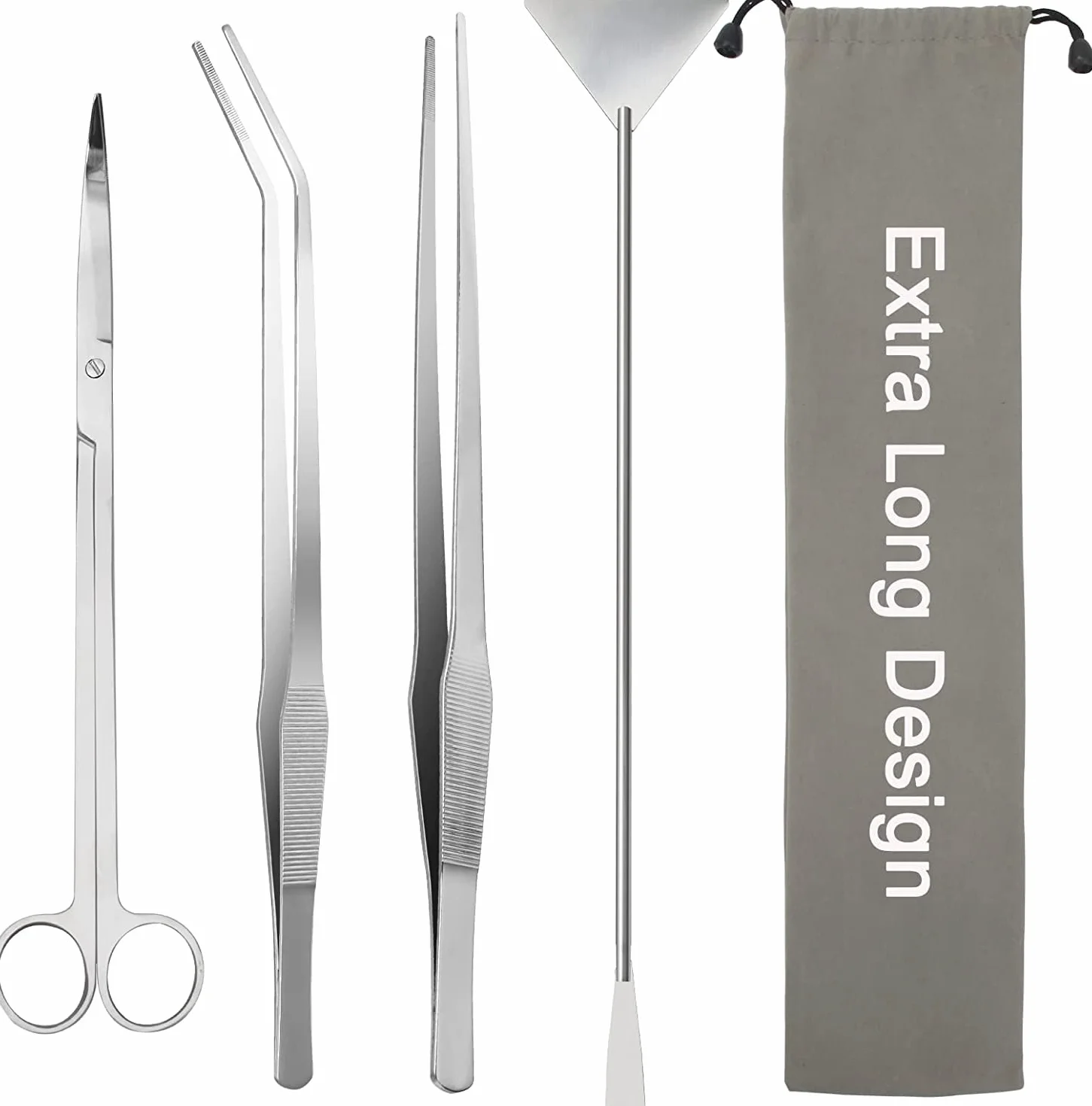 Kit 4 en 1 pour aquarium en acier inoxydable 38 cm argenté - Pince à épiler, Ciseaux, Spatule