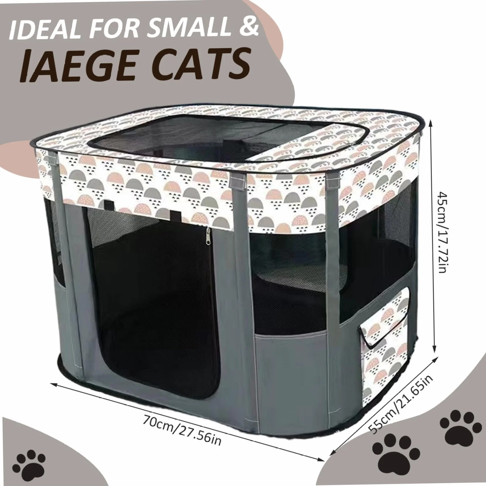 Parc pour Chat Pliable Respirant Tissu Oxford 71x55x45 cm Porte Enroulable Poche Résistant aux Rayures