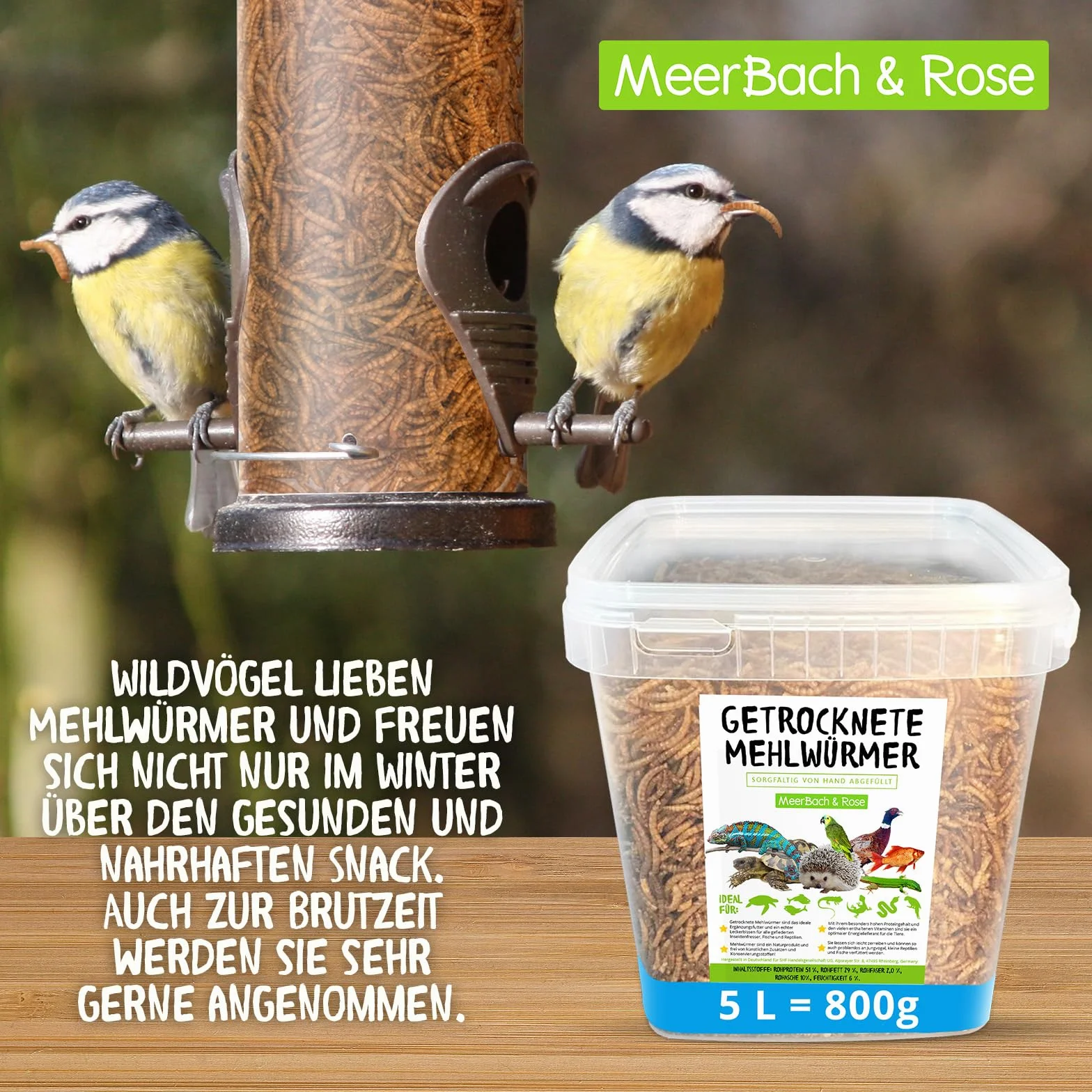 MeerBach & Rose vers de Farine Séchés 800g 5000ml Nourriture pour Poissons Oiseaux Tortues Hérissons Rongeurs Reptiles