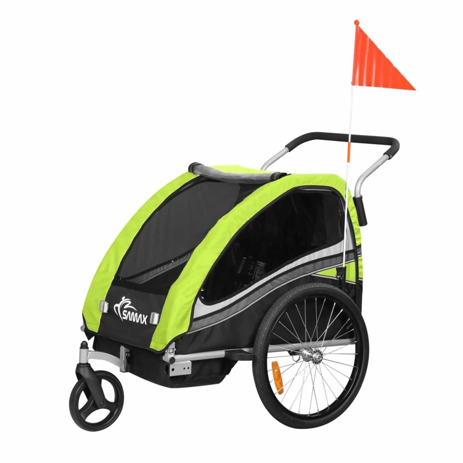 SAMAX Remorque Vélo Convertible Jogger 2en1 360° Rotatif pour 2 Enfants Amortisseur Transport Poussette Vert - Black Edition
