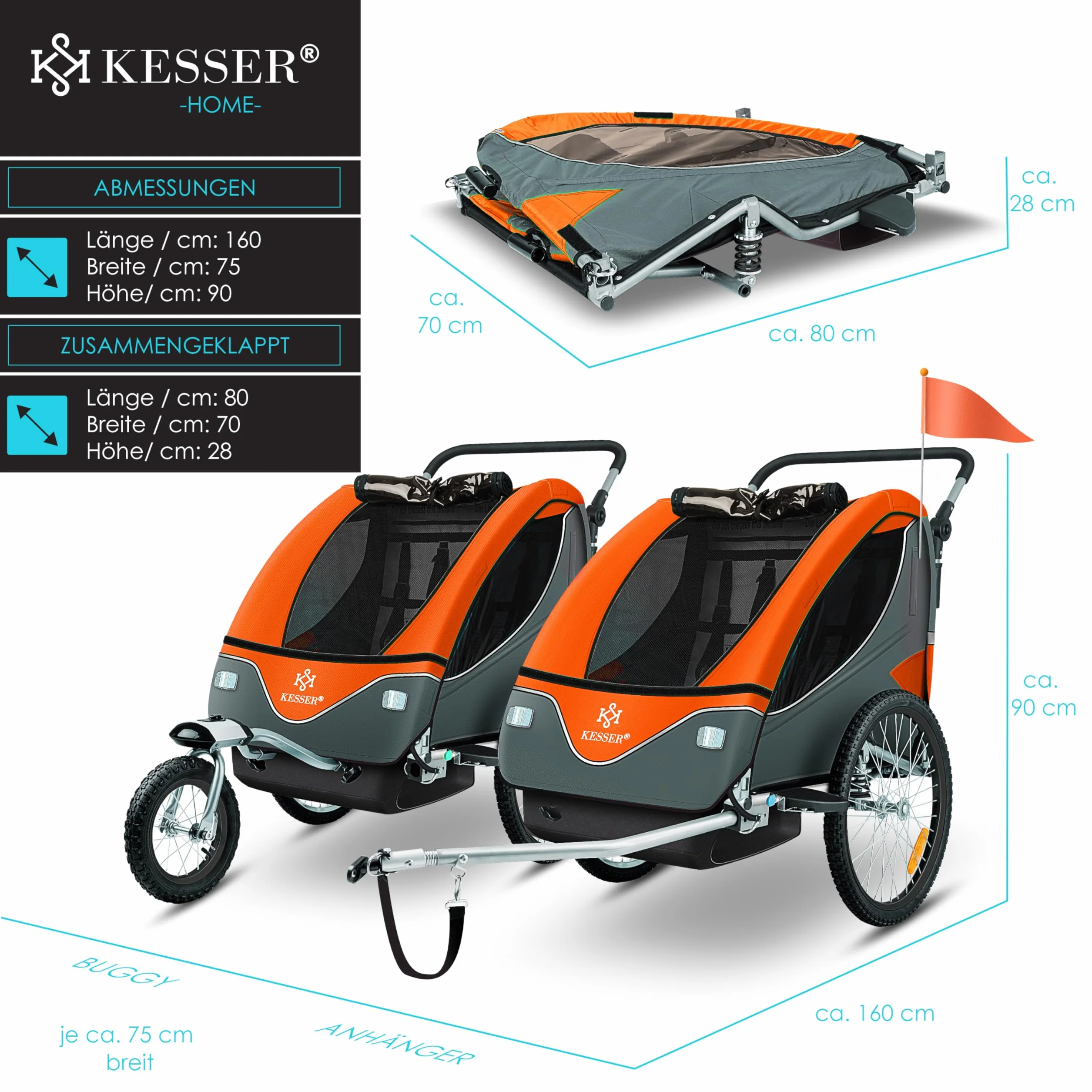 KESSER Remorque de vélo pour enfant pivotante 360° avec suspension 2 en 1, charge max 40 kg