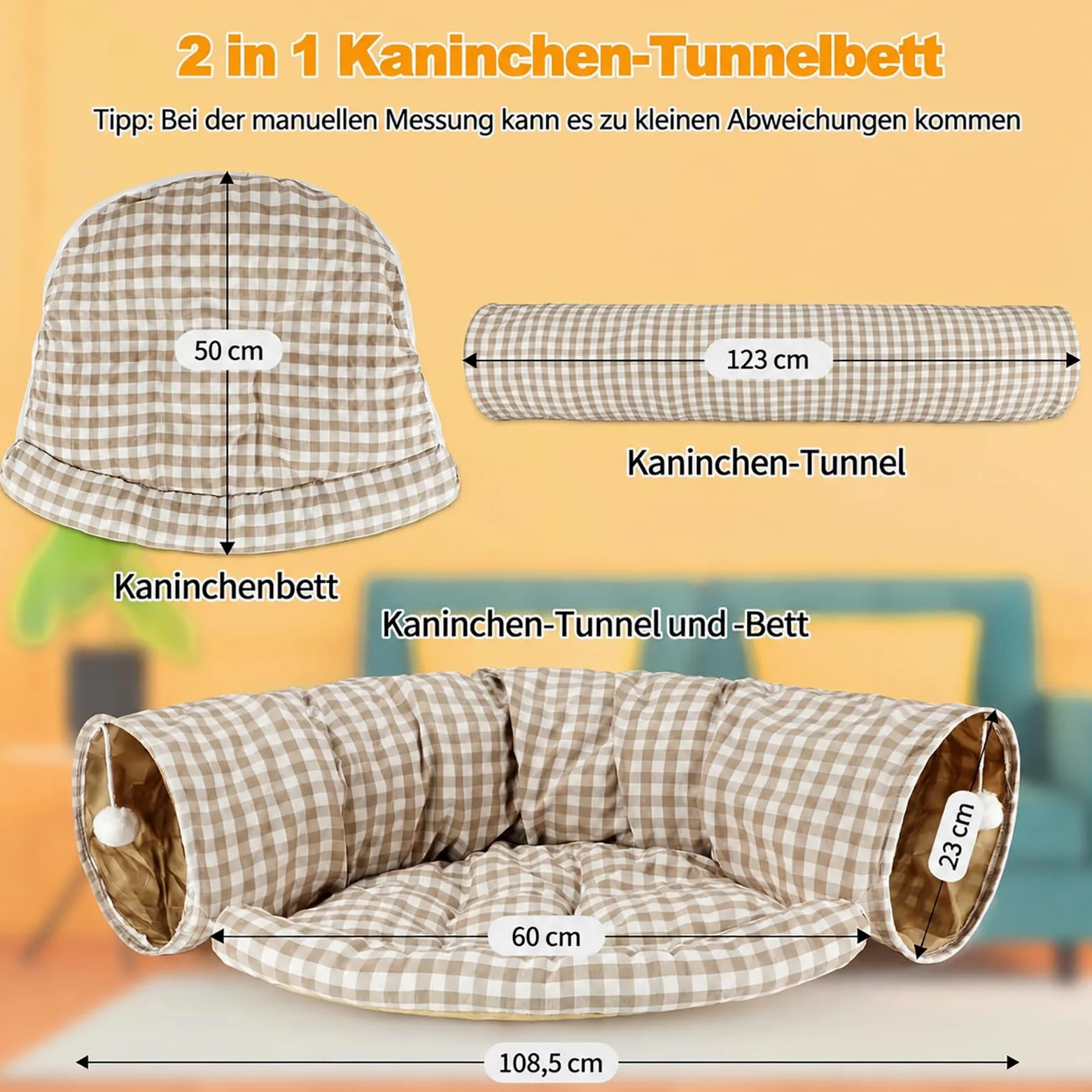 Lit tunnel pour lapin 2 en 1 – Tunnel pliable avec tapis amovible, tunnel douillet lavable pour lapins, cochons d'Inde et chats, espace de jeu et de couchage confortable pour petits animaux