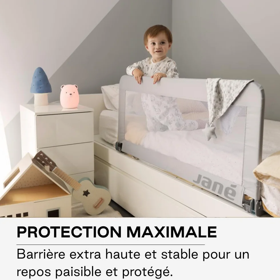 Jané Barrière de Lit Rabattable 140 cm, Extra Haute, Maille Respirante, Sac de Transport Inclus, Gris