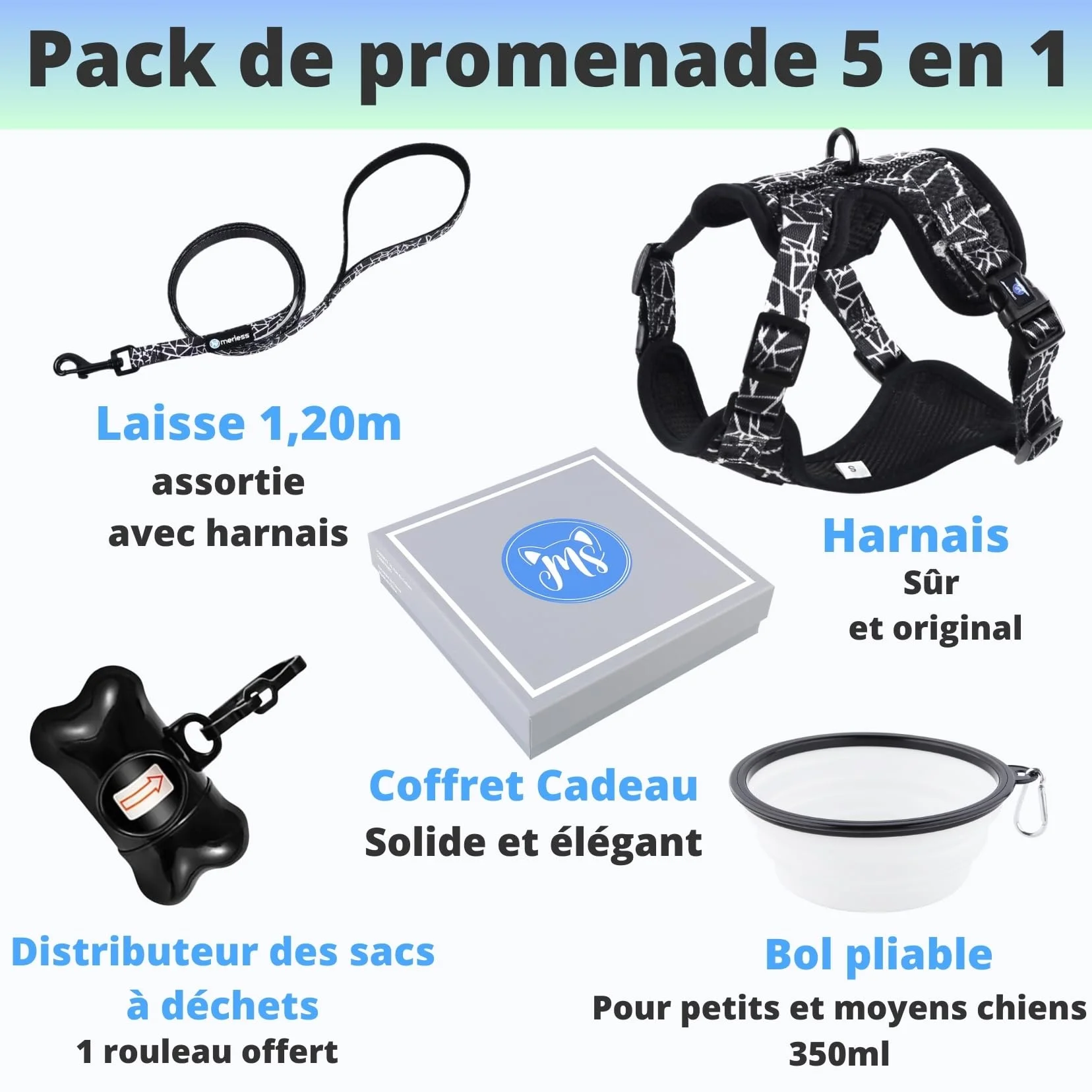 Harnais et Laisse pour Chien Chiot Chat Arnet Anti Traction XS Noir 1,2-3kg Coffret Cadeau