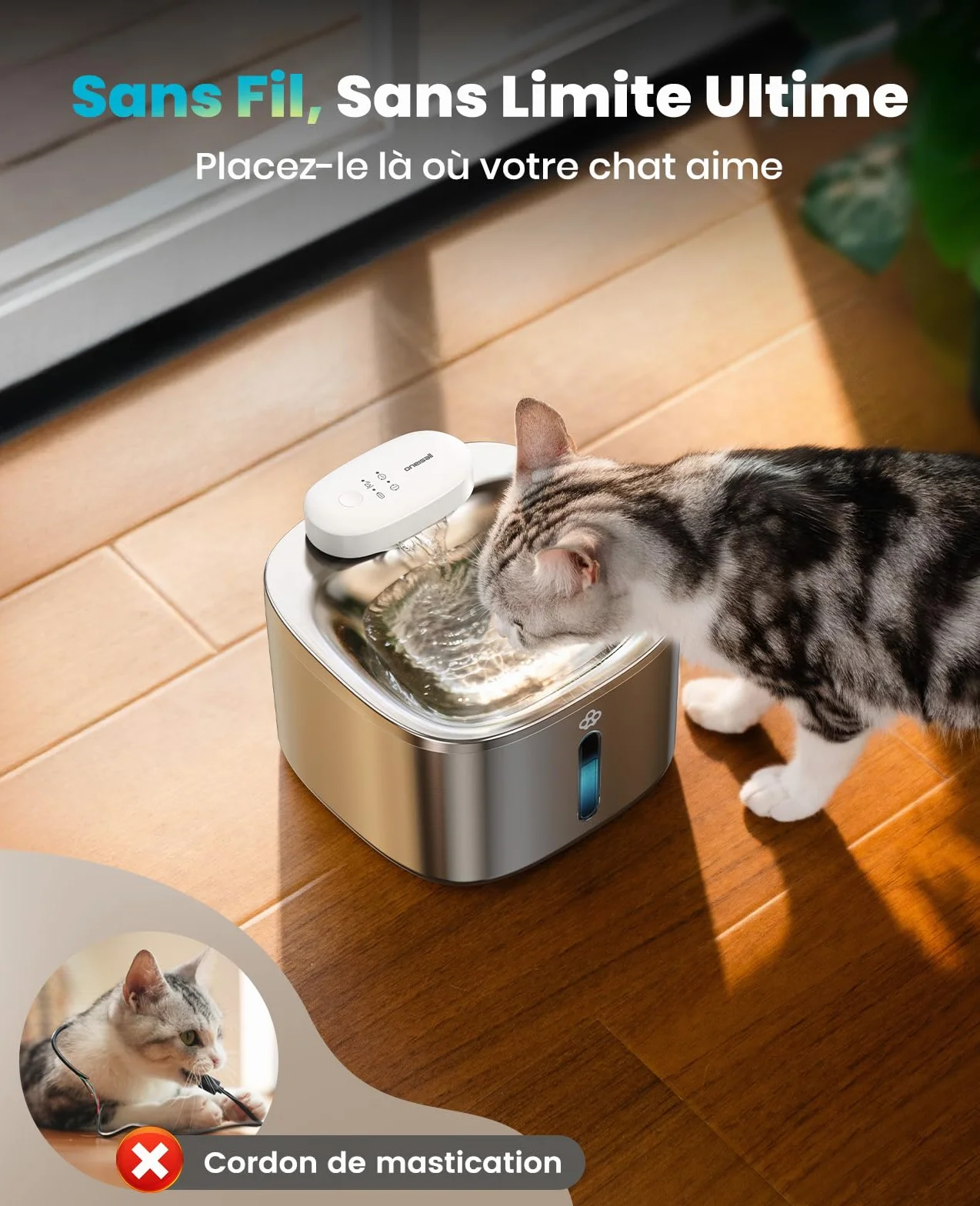 oneisall Fontaine à Eau pour Chat sans Fil 3,5 l Acier Inoxydable Batterie 5000 mAh Détecteur de Mouvement Pompe Silencieuse
