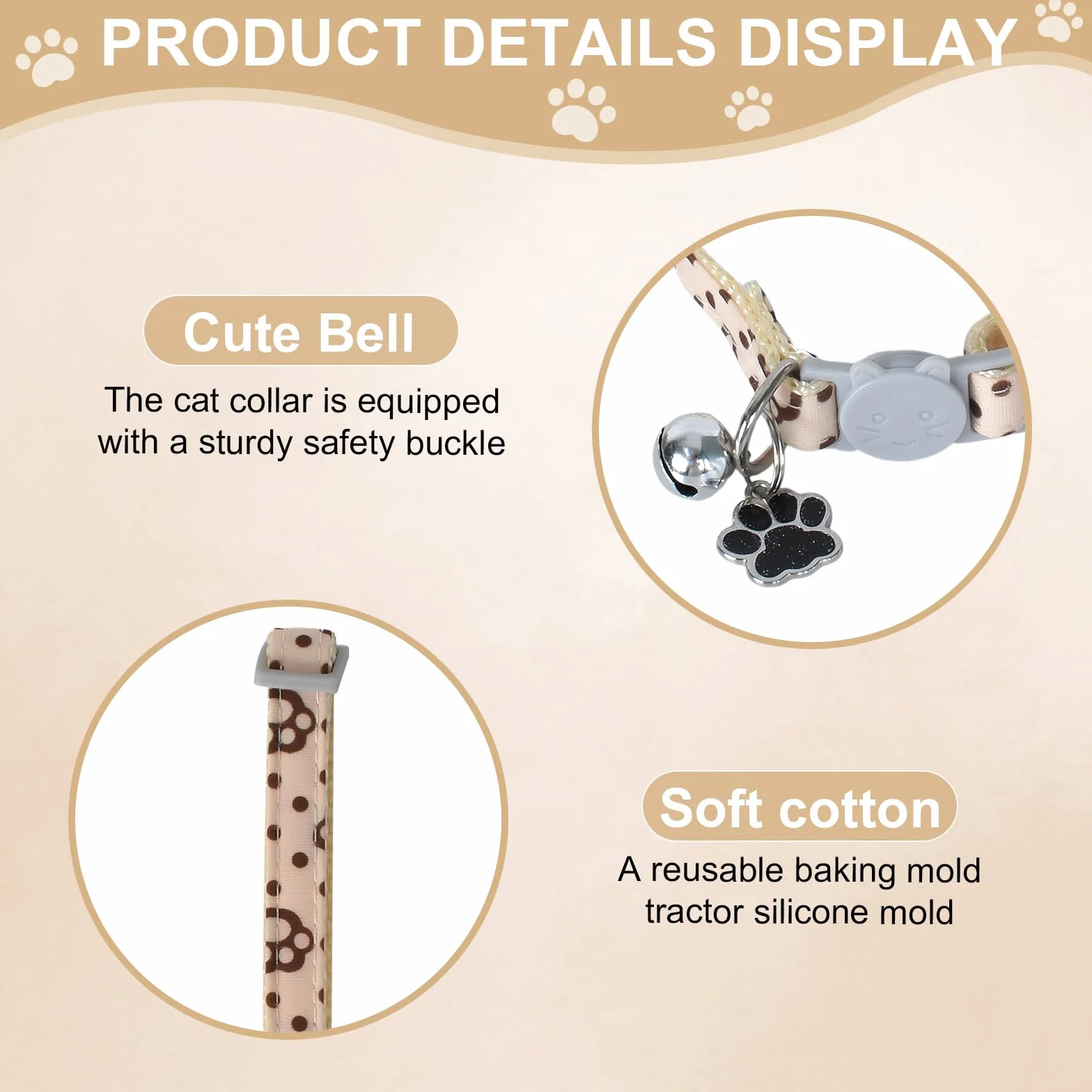 Collier pour Chats Réglable avec Clochette, Boucle de Sécurité, Design Pattes Mignon Rose et Blanc