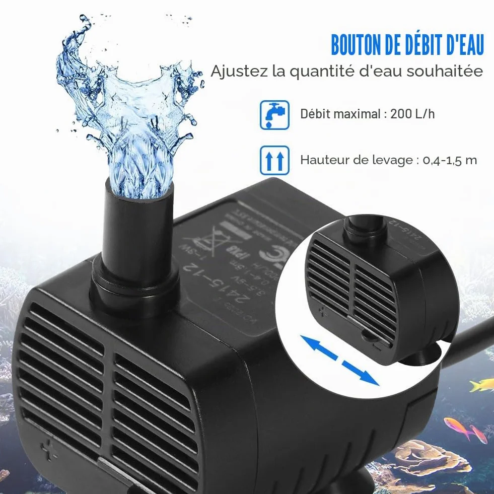 Flintronic Pompe Eau Submersible Aquarium Pump Ajustable 200L/H 3W Ultra-Silencieux USB 1.4m