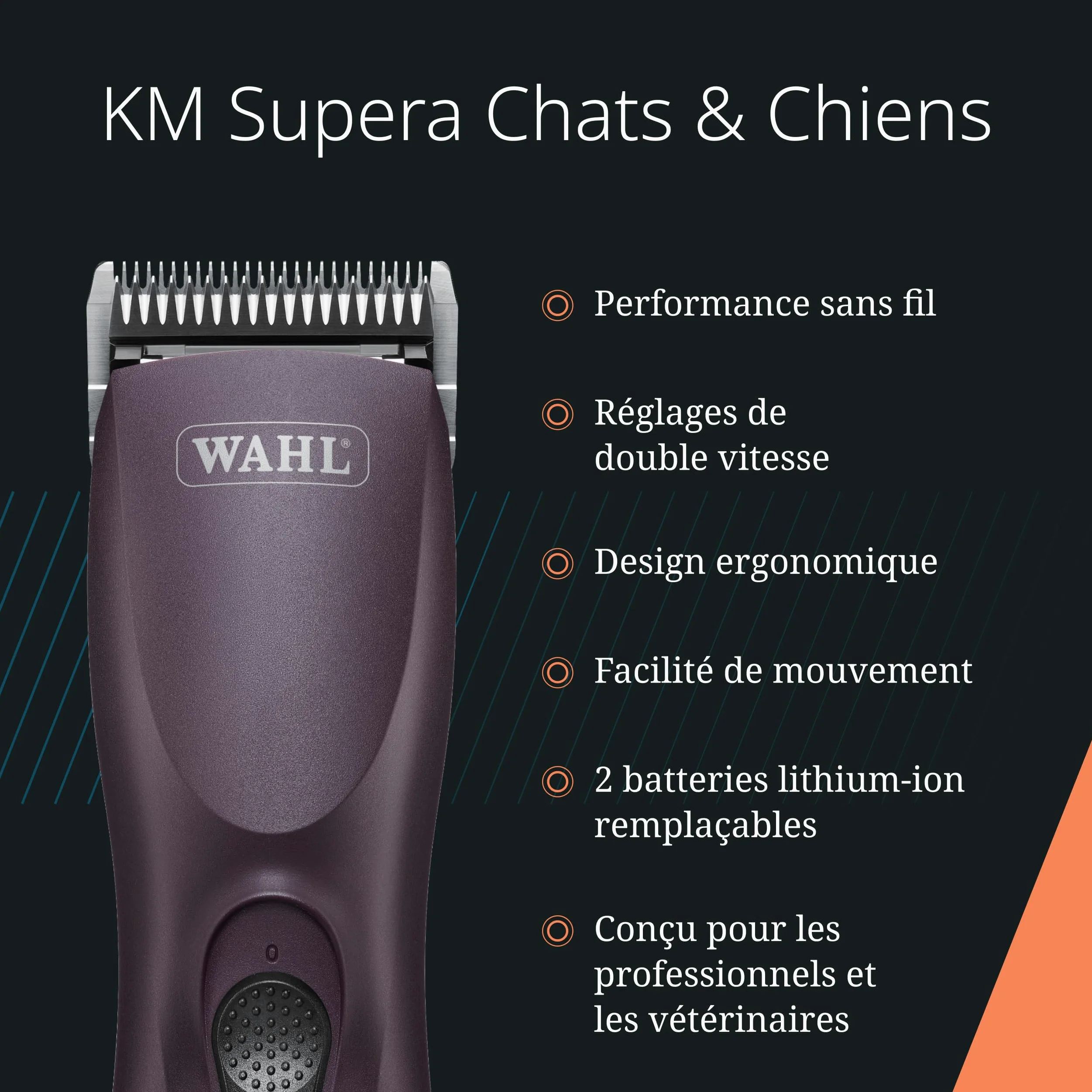 Wahl KM Supera, Tondeuse Sans Fil pour Animaux, Ergonomique | Tondeuse Sans Fil pour Animaux, 2 Batteries Interchangeables, 3000 et 3700 tr/min, Moteur Sans Balais, Légère et Silencieuse