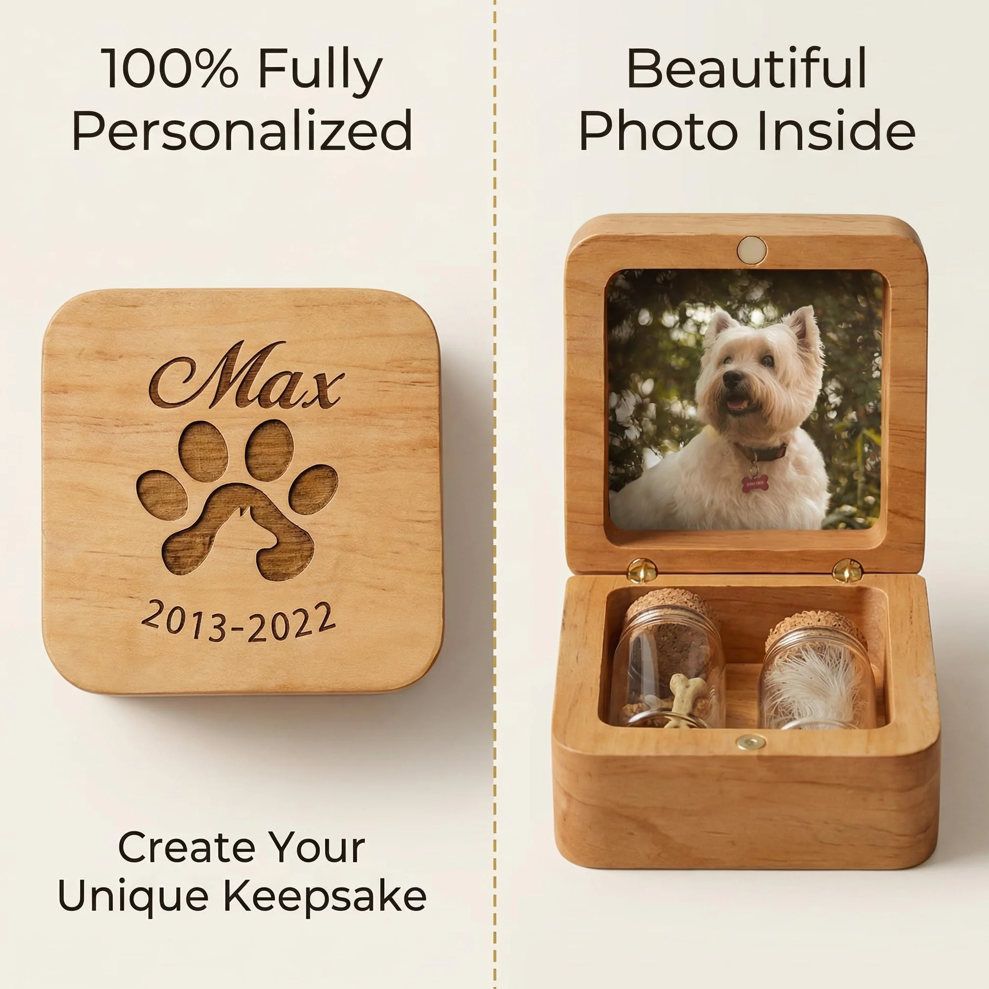 Boîte à Souvenirs Personnalisée pour Poils d'animaux, Urne en Bois avec Photo et Nom, Cadeau Commémoratif Perte d'animal, 4 Flacons en Verre