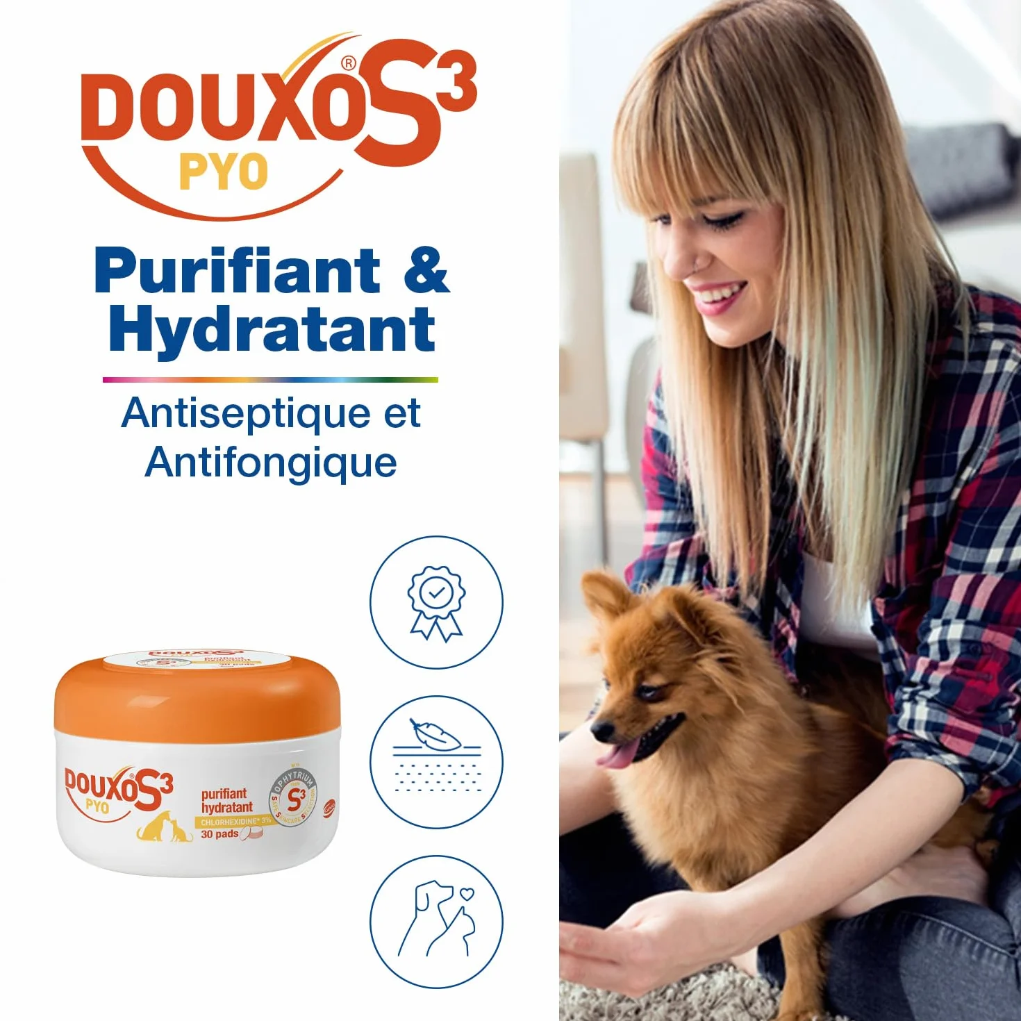 DOUXO S3 PYO Pads 30 cotons imprégnés pour nettoyer désinfecter apaiser la peau chiens chats