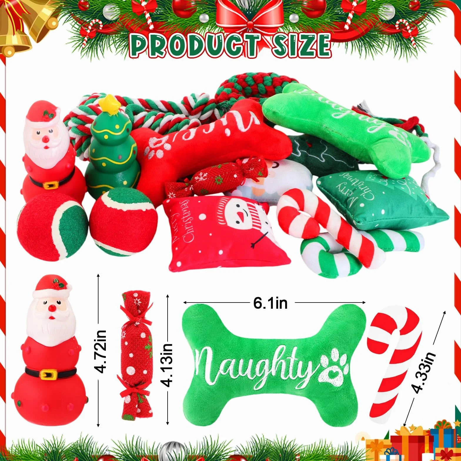 Lot de 16 jouets de Noël pour chien - Jouets couineurs en corde à mâcher pour chiens de petite, moyenne et grande taille - Cadeau de dentition