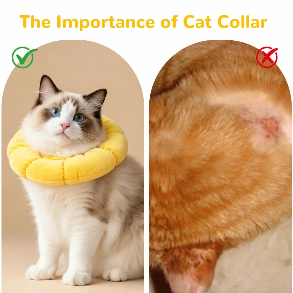 Collier Anti Léchage pour Chat, Collier de Protection Tournesol, Coton Doux Ajustable 10-18cm