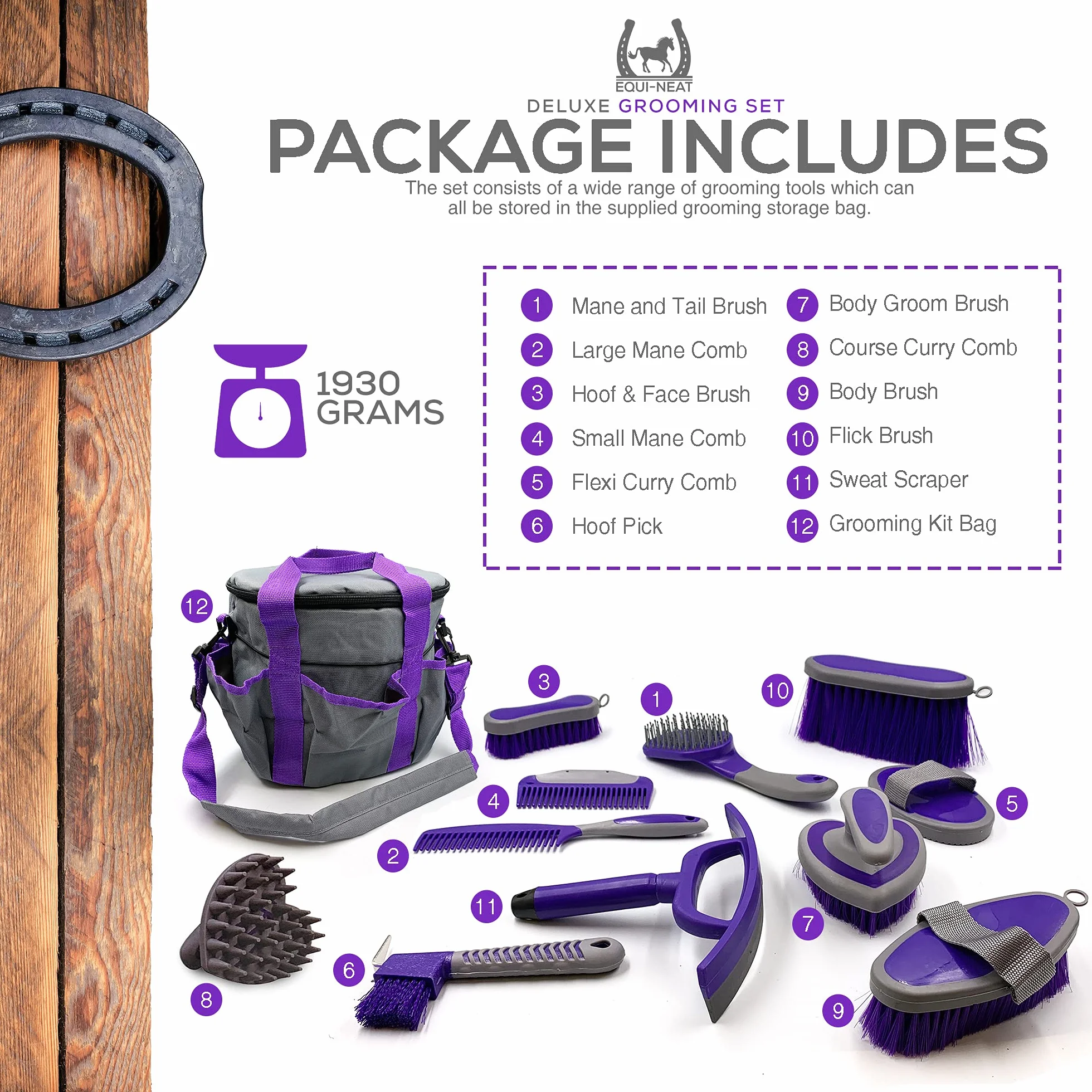Kit toilettage équestre Equi-Neat 12 pièces brosse crin peigne curry cure-sabots