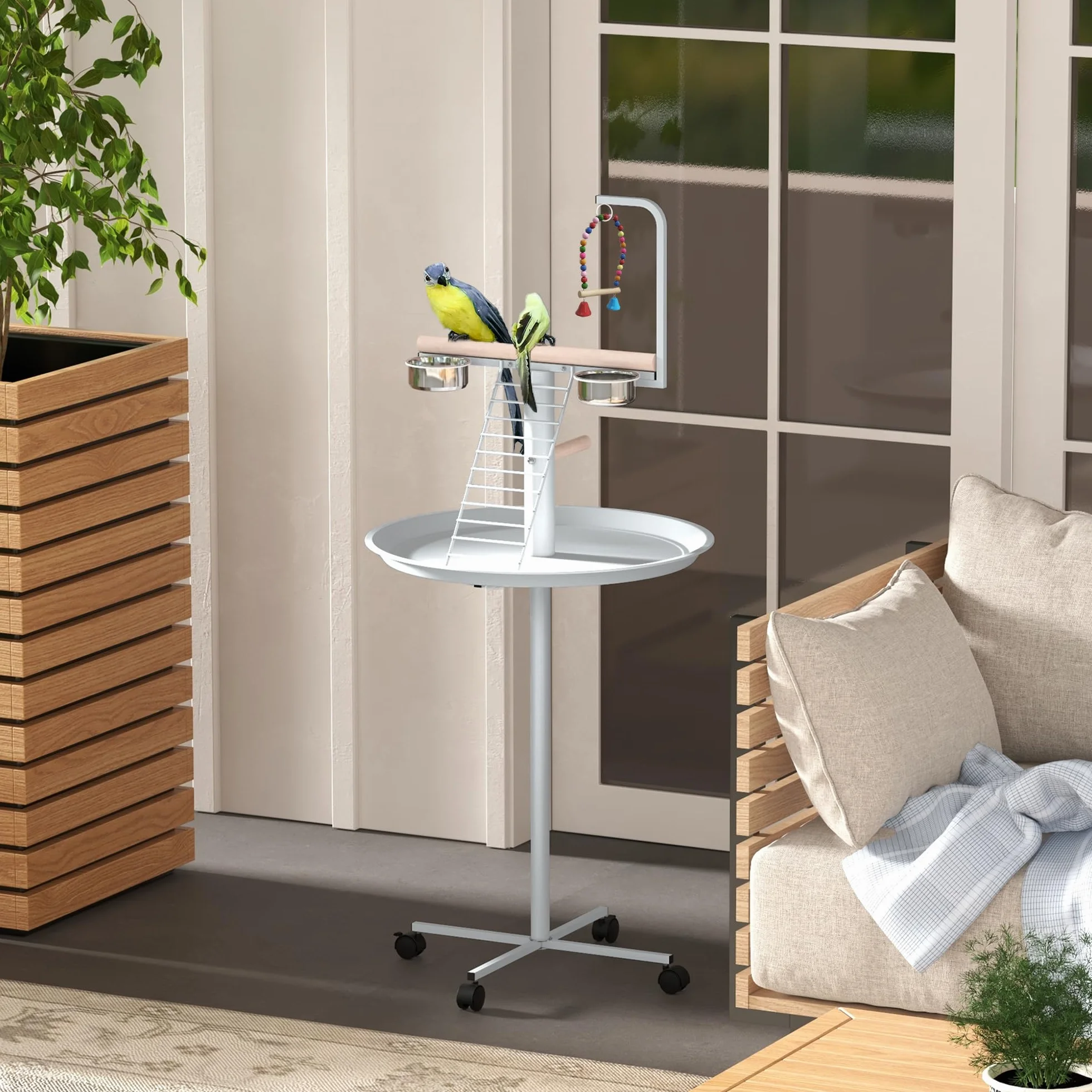 PawHut Mangeoire à Oiseaux sur Pied Acier Inoxydable 2 Bols Amovibles Ø 60 x 138H cm Blanc