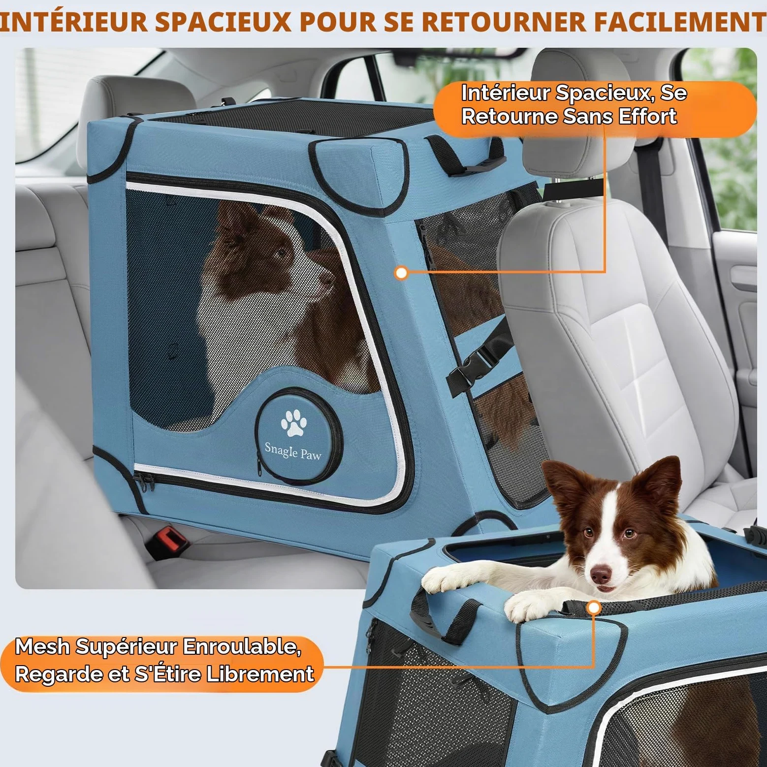 Snagle Paw Cage portable pour chien pour voyage en voiture, cadre en métal, cage de transport pour animal domestique pour siège arrière de voiture sécurisée avec sangle d'appui-tête et ceinture de