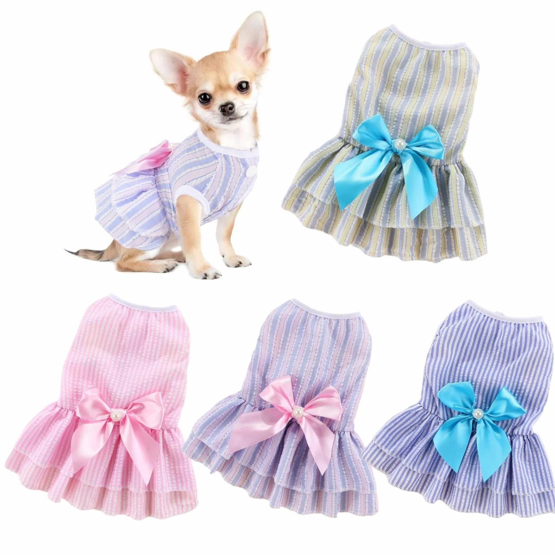 Lot de 4 Robes pour Chien à Rayures Verticales avec Nœud Papillon, Vêtements Doux et Respirants pour Petit Chiot Chihuahua Yorkies