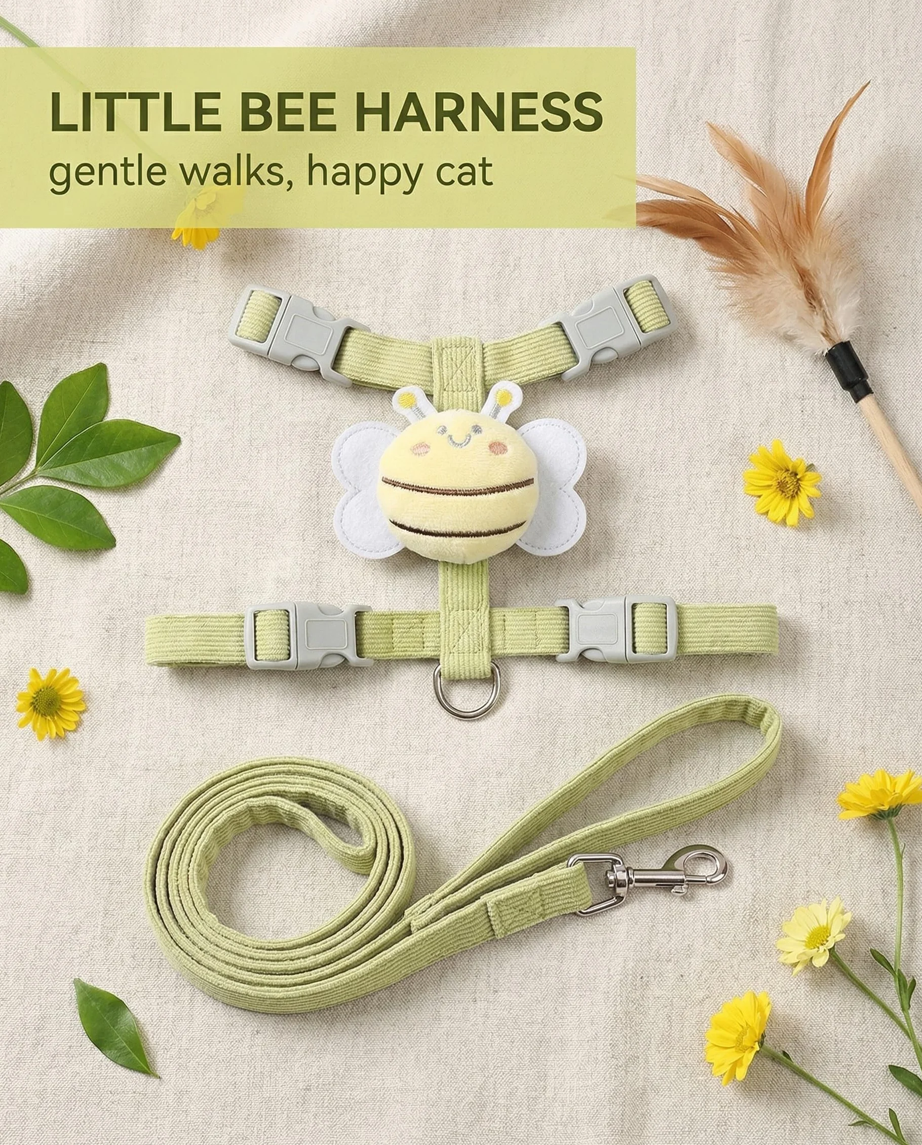 Harnais pour chat avec laisse taille M vert Motif petite abeille anti-évasion réglable pour chats chatons petits chiens lapins