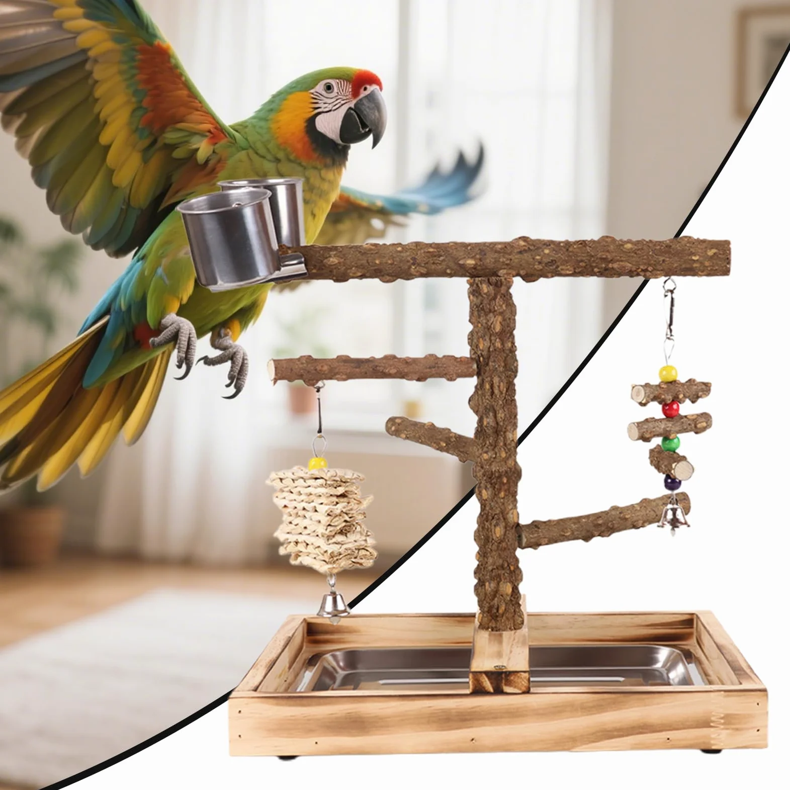Perchoir pour Oiseaux Perchoir d'Activité avec Coupes à Nourriture | Perchoirs Bois pour Oiseaux Intérieur Extérieur Alimentation