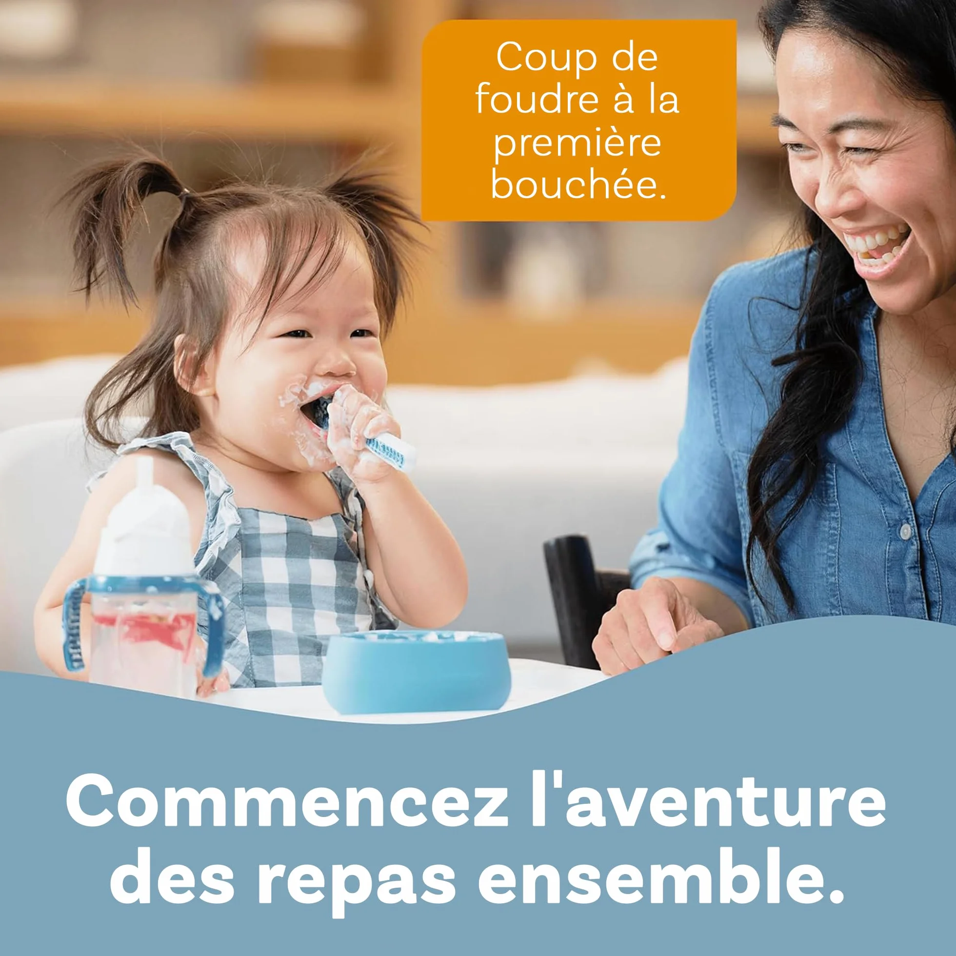 NumNum GOOtensils Cuillère Bébé 1er Âge - Étape 1+2 Silicone - Lot de 2 (Bleu/Orange)