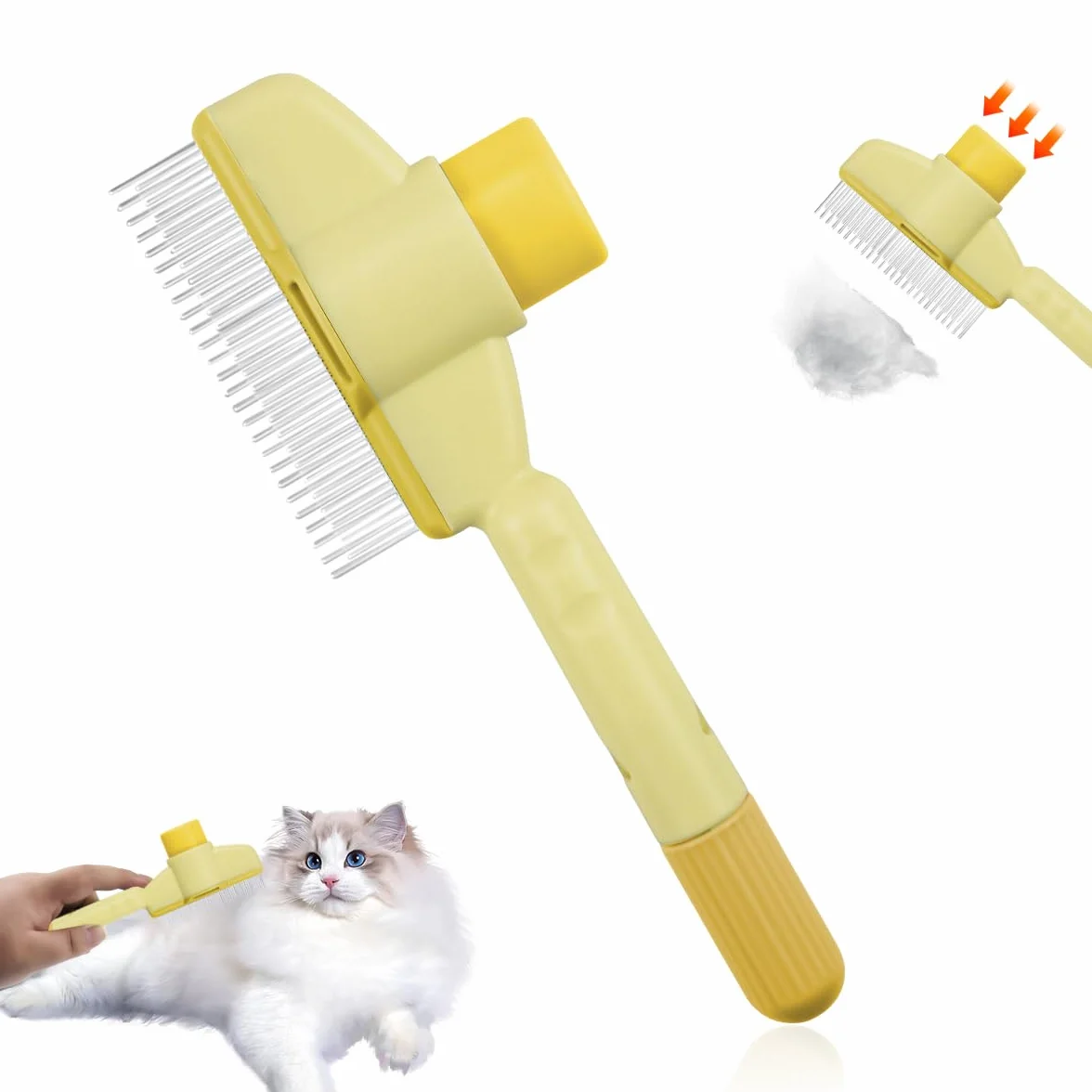 Peigne anti-puces autonettoyant pour chats, brosse de toilettage animaux, avec bouton pour nettoyage rapide (jaune)