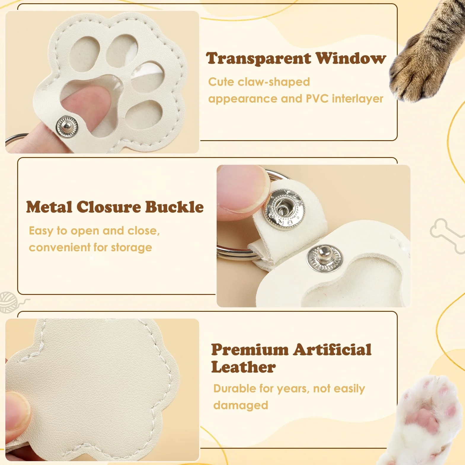 Kiiwah 2 Pièces Porte Clef en Forme de Patte Souvenir Chien Chat Décédé Personnalisée Collecteur Poils (Marron + Blanc)