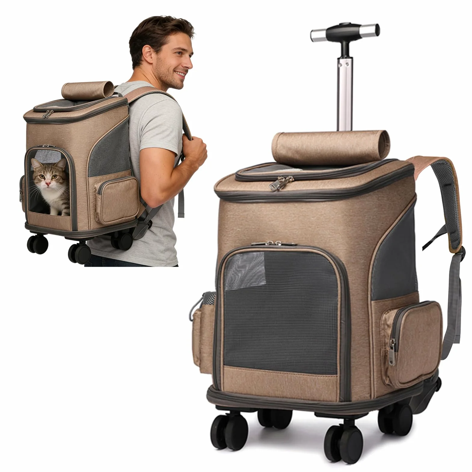 PETCUTE Sac à Dos à roulettes pour Chats Jusqu'à 10kg, Sac à Dos de Transport pour Chien avec Poignée Télescopique,Caisse Transport Chat avec Matelas en Peluche,pour Le Voyage, la Randonnée,Kaki