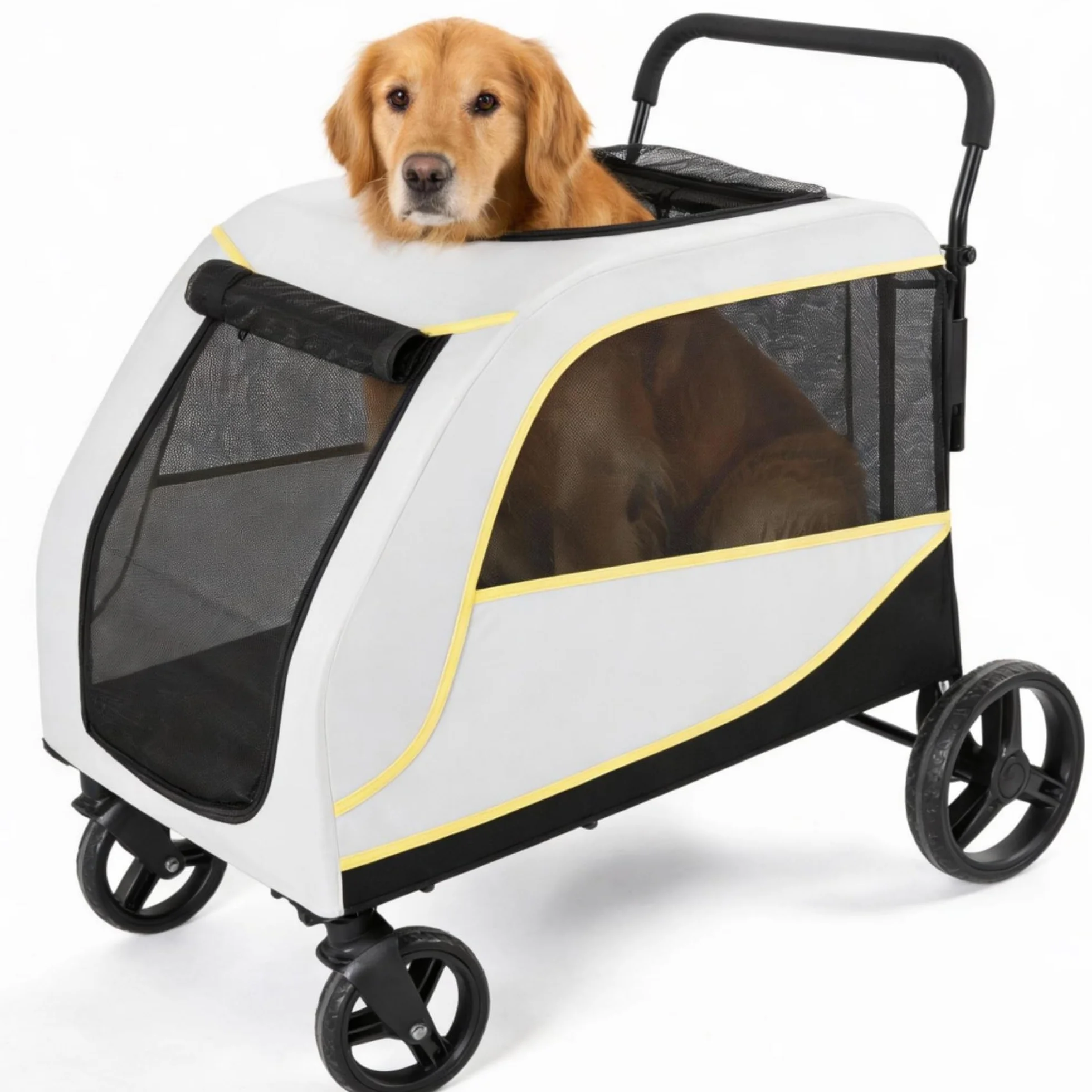 Poussette pour Chien Chat, Charge 60 kg, Chariot de Transport Pliable 4 Roues avec Double Frein, Laisse de Sécurité, Portes Avant et Arrière pour Accès Facile, Coussin et Poches, Résistant