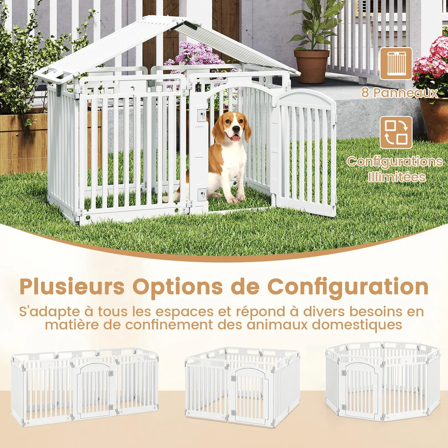 GOPLUS Parc pour Chien en Plastique Pliable 80cm, Enclos Chien Modulable 8 Panneaux avec Porte Verrouillable, Blanc
