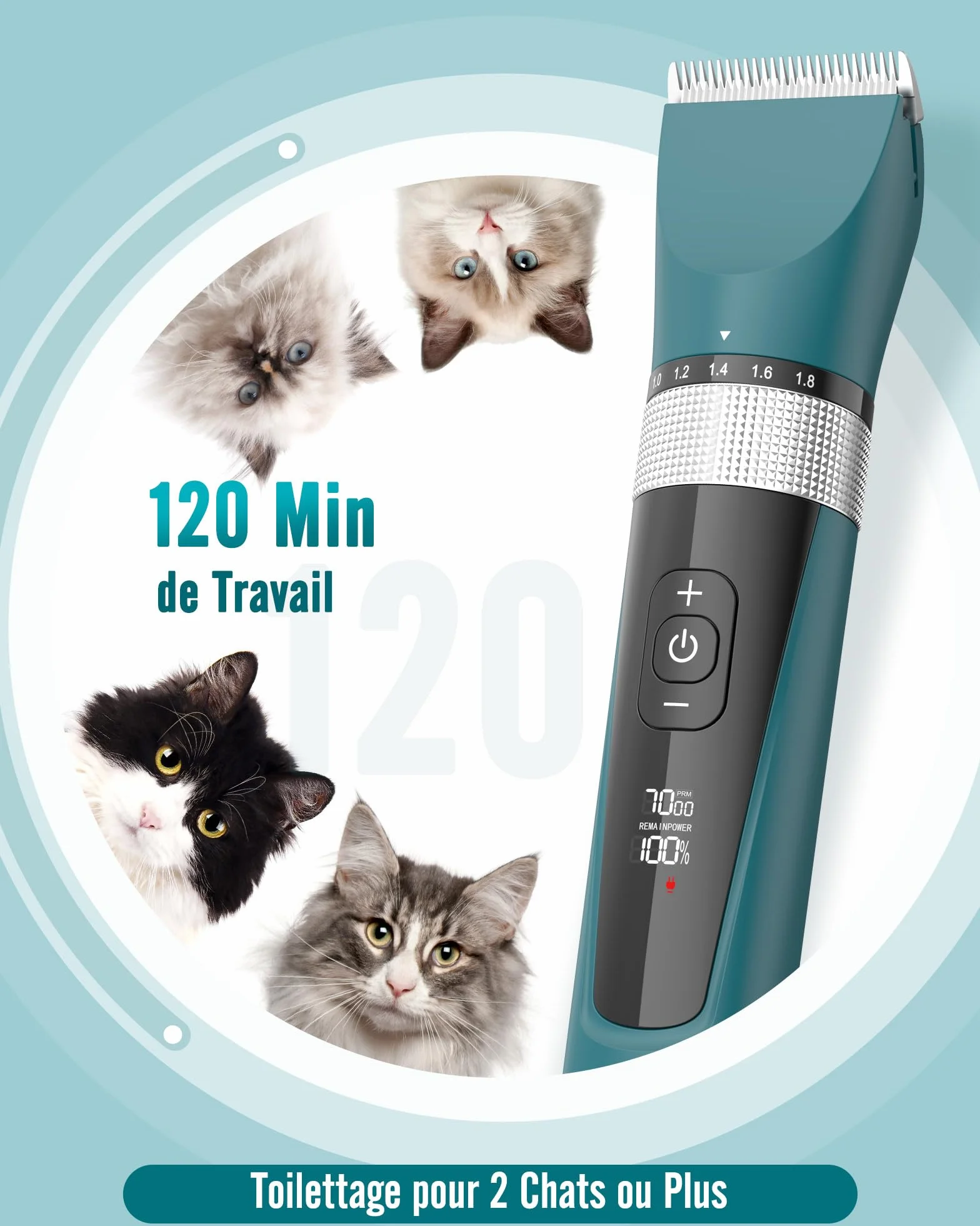 Oneisall Tondeuse pour Chat Silencieuse, Professionnelle à Poils Longs, Rasoir 5 Vitesses avec Écran LCD, IPX6, Vert