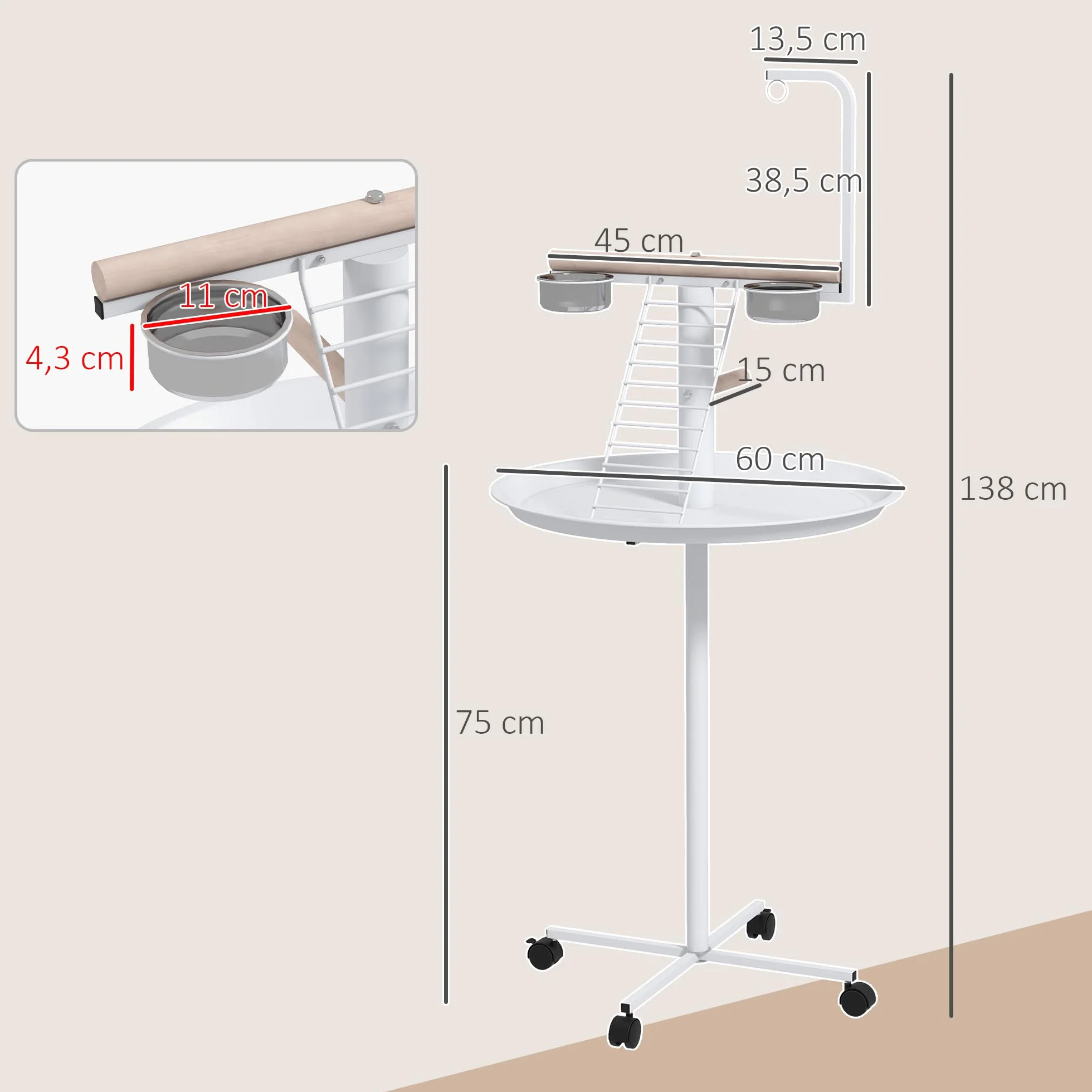 PawHut Mangeoire à Oiseaux sur Pied Acier Inoxydable 2 Bols Amovibles Ø 60 x 138H cm Blanc