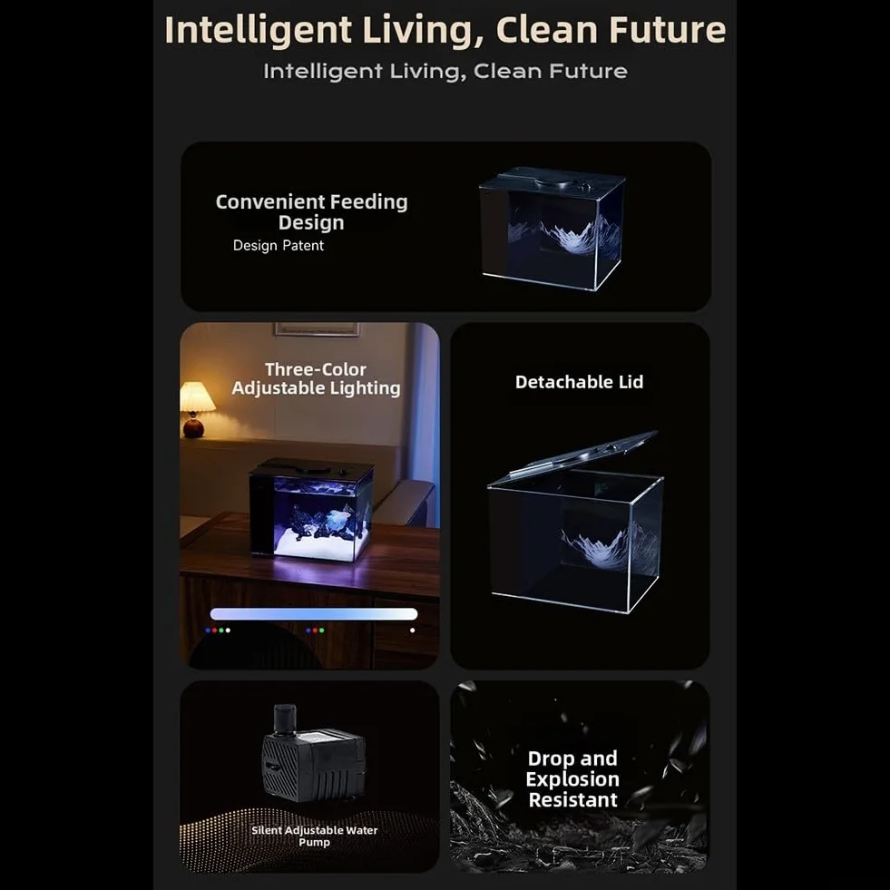 Aquarium auto-circulant avec pompe filtrante intégrée, kit avec lumière LED pour bureau