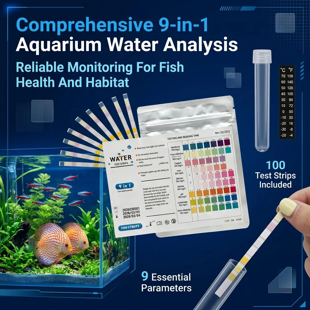 Bandelettes Test Eau Aquarium 9 en 1 Lot de 100, Kit Test Aquarium Eau Douce et Eau Salée