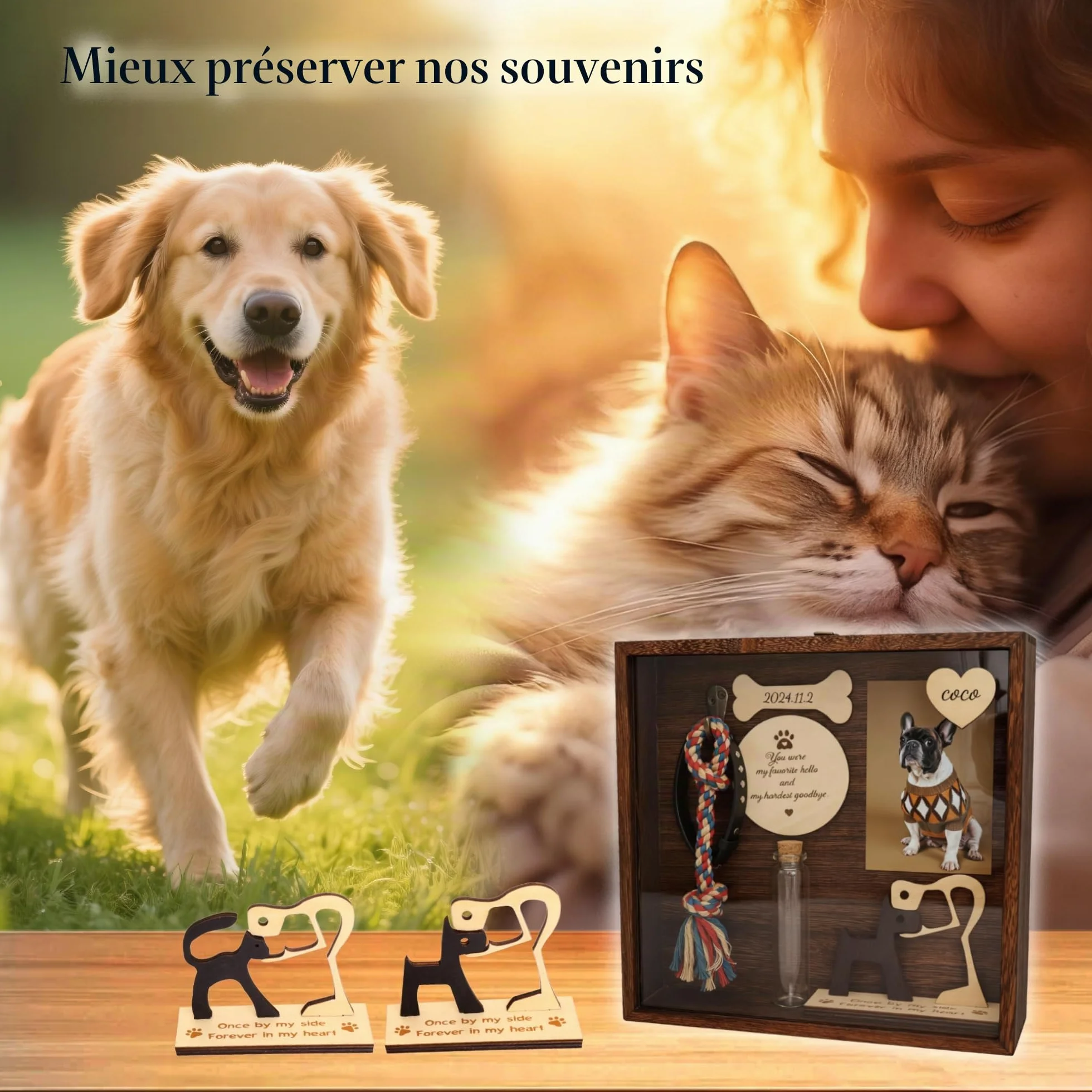 Cadre Vitrine Souvenir Chien Chat Boîte à Ombre Commémorative pour Collier Décédé, Cadre Photo avec Flacon Poils Cendres, Plaque Nominative Bois