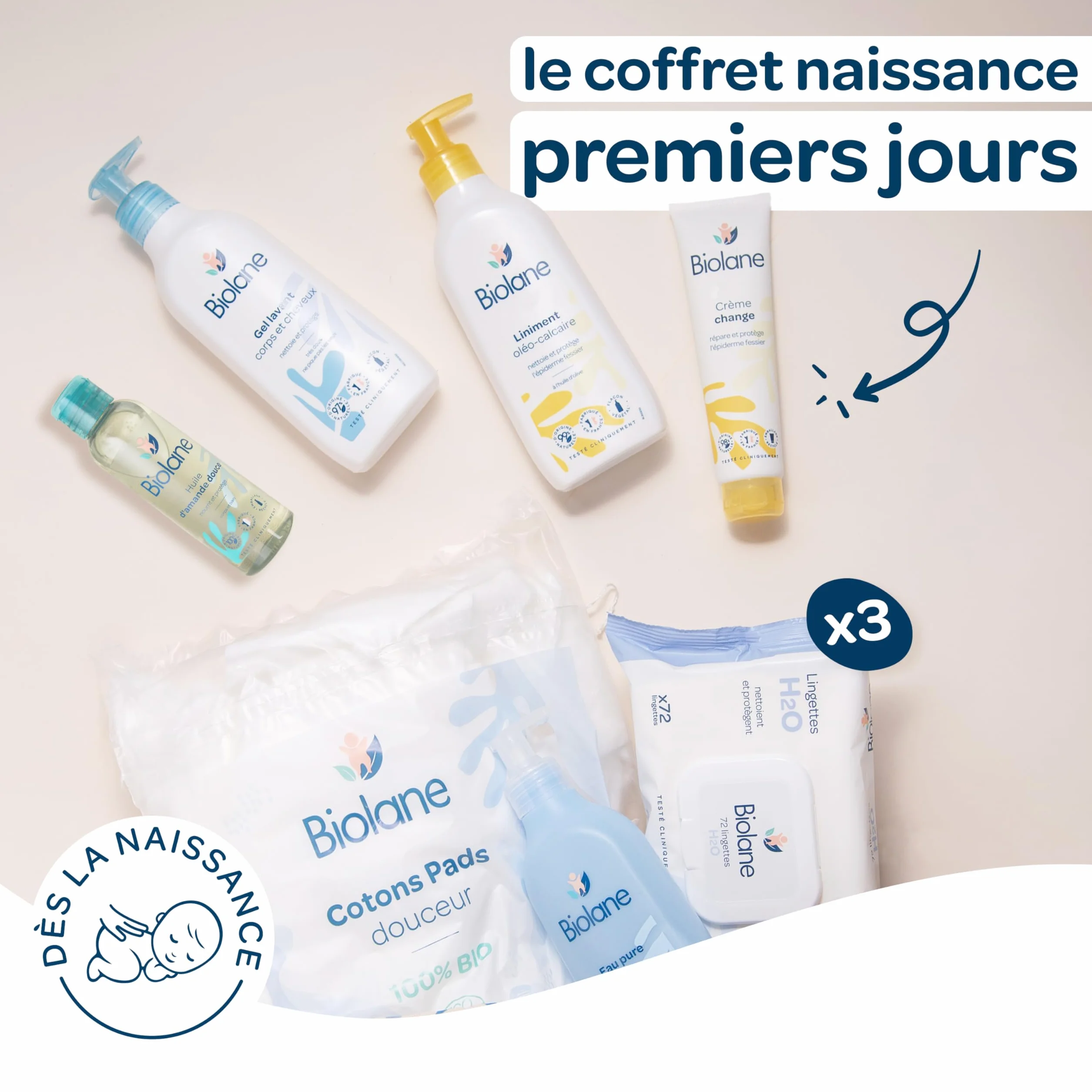 BIOLANE Kit Naissance Premiers jours 216 Lingettes Eau pure Gel Lavant Liniment Crème change Coffret Bébé Peaux Sensibles