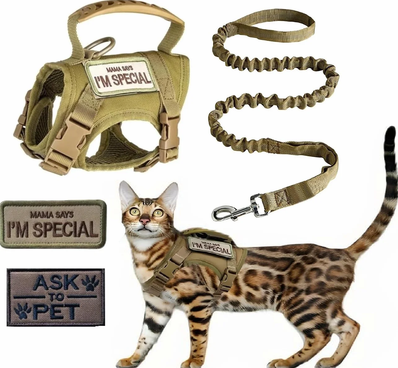 Harnais Tactique pour Chat réglable avec emblèmes brodés, Respirant Anti-échapper Corde de Traction réfléchissante Kaki
