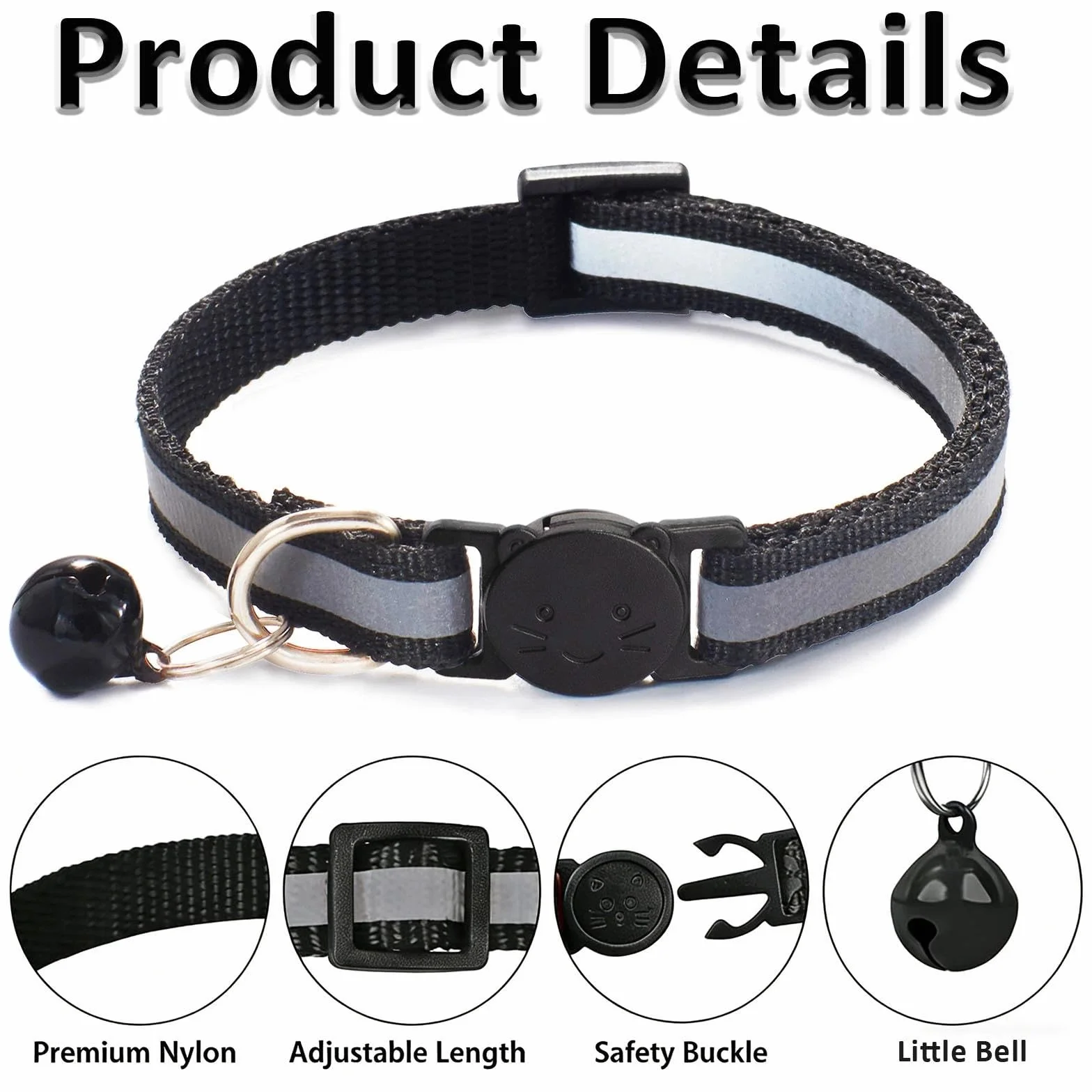 Collier Chat Anti-étranglement Réfléchissant 2 Pièces, Noir, Réglable 19-32cm