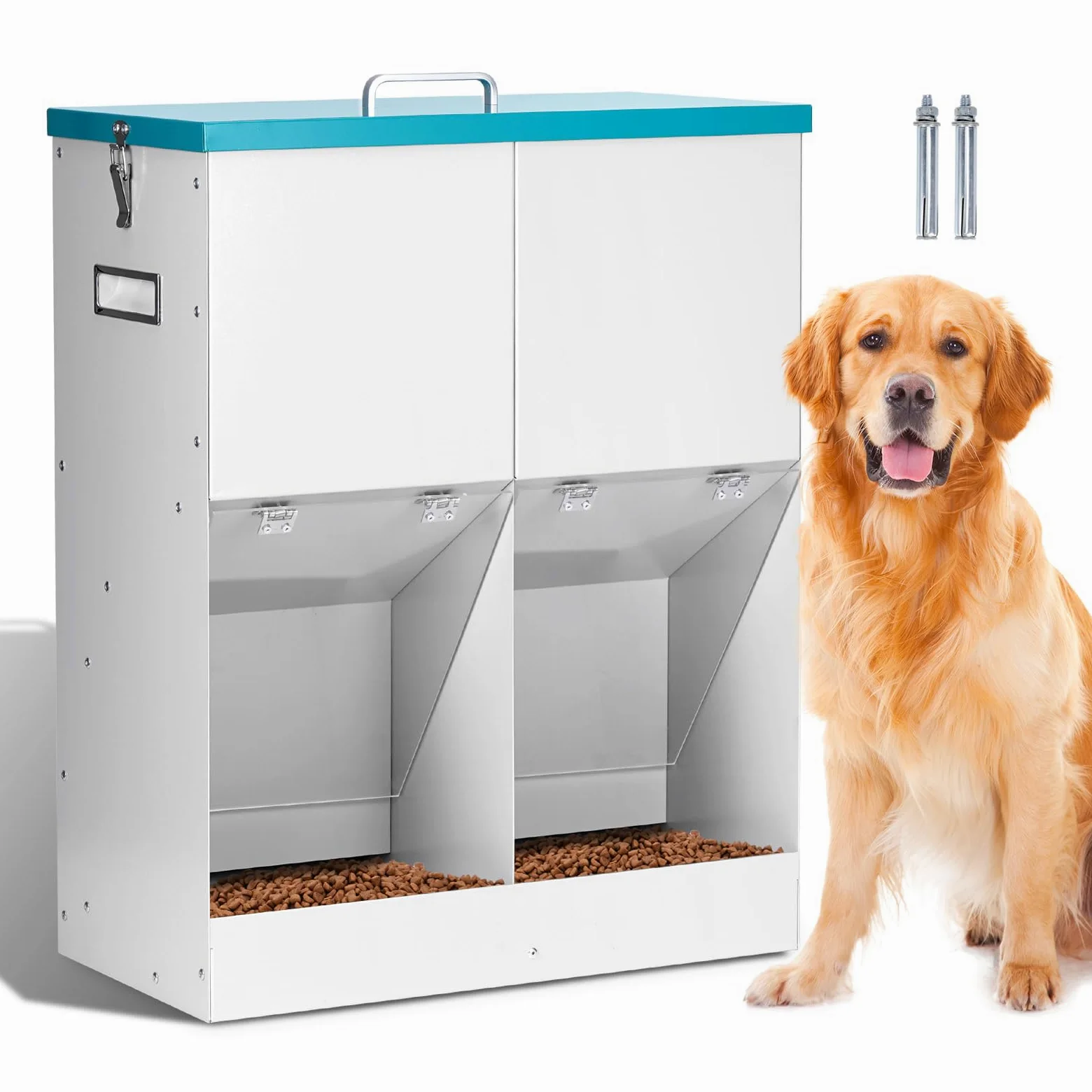 Mangeoire Automatique pour 2 Chiens, Distributeur de Nourriture Galvanisé d'une Capacité de 46lbs, Double Mangeoire pour Animaux de Compagnie pour L'extérieur et L'intérieur