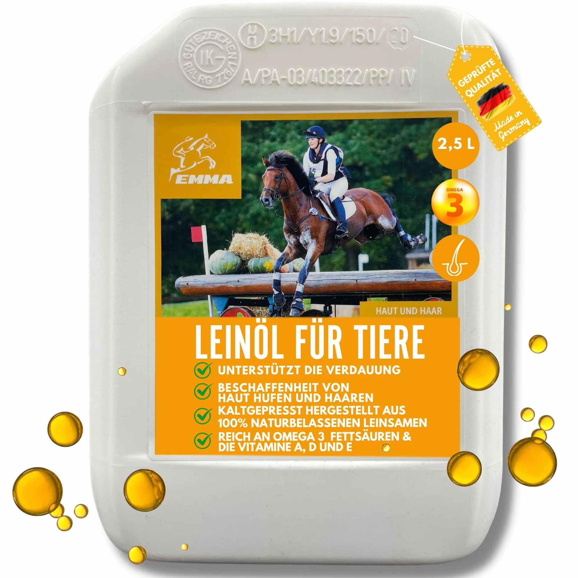 Huile de Lin pour Chevaux Chiens Chats 2,5L Pressée à Froid 100% Oméga 3 Acides Gras