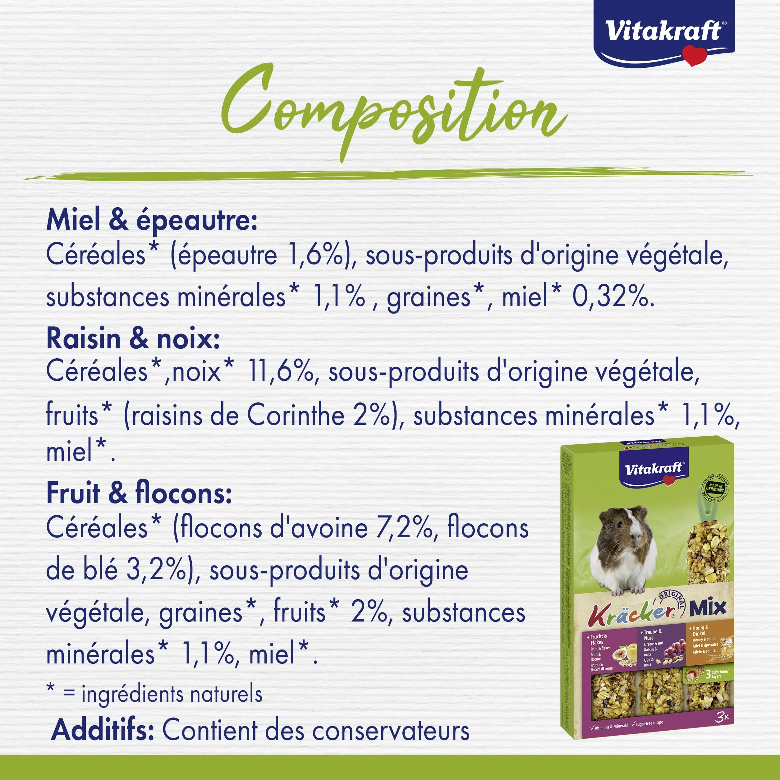 Vitakraft Kräcker Trio Mix Friandise Cochons d'Inde Miel Noix Fruits Baguettes Vitamines Minéraux 168g