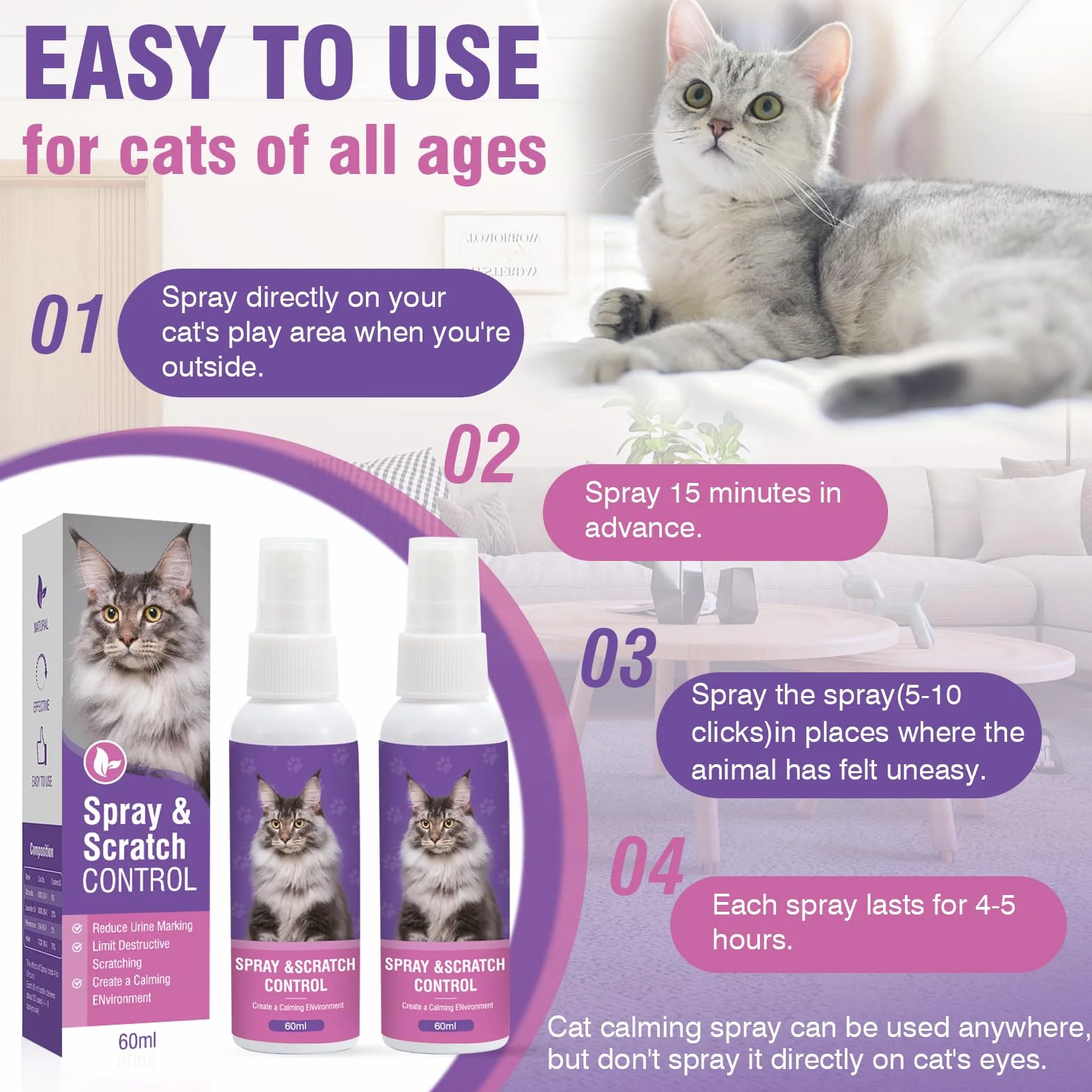 Spray Anti Stress Chat 2 Pièces Phéromones Apaisant Calmant pour Chats