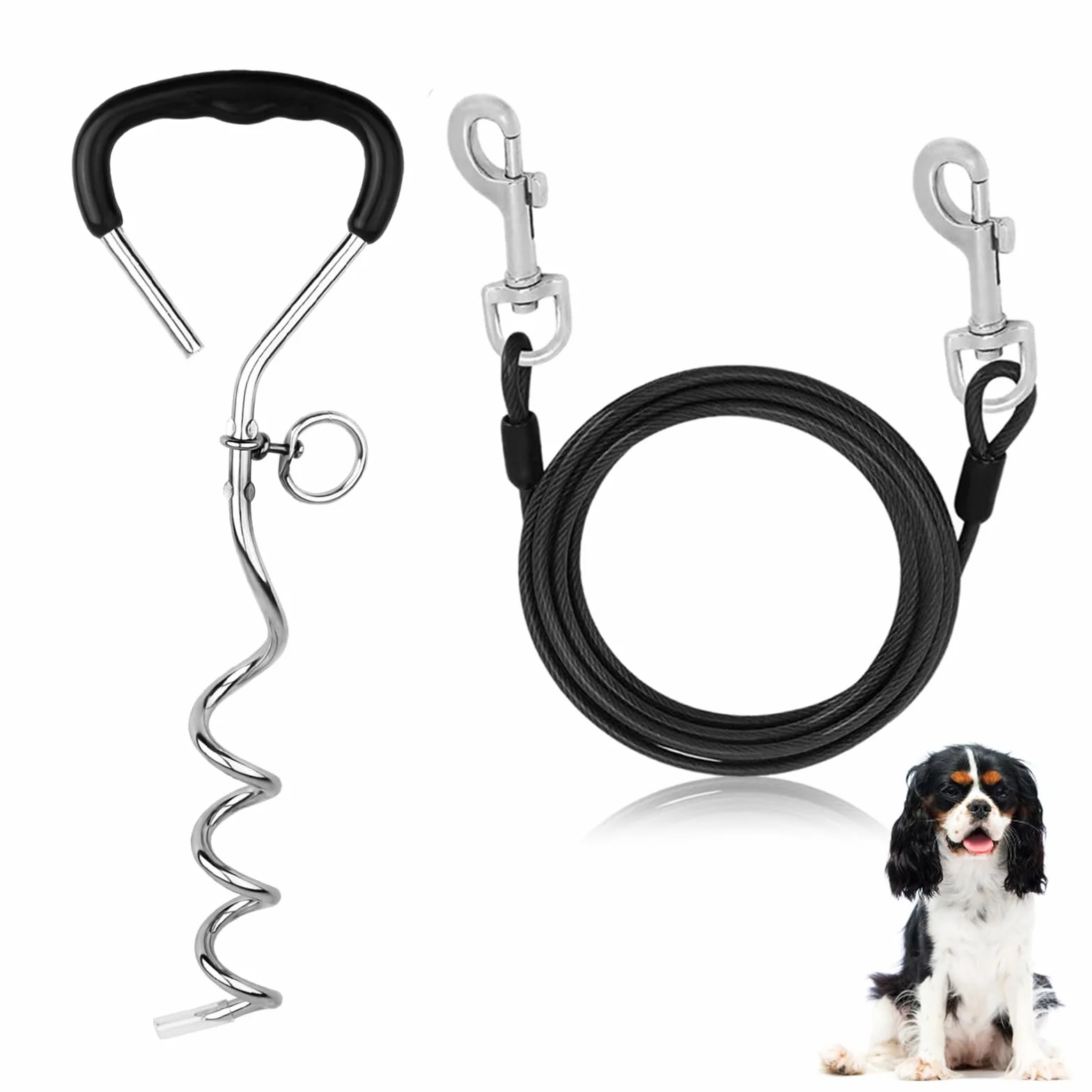 Laisse Chien 3m avec Crochet Pivotant 360° pour Extérieur Camping, Jusqu'à 125 lbs Noir