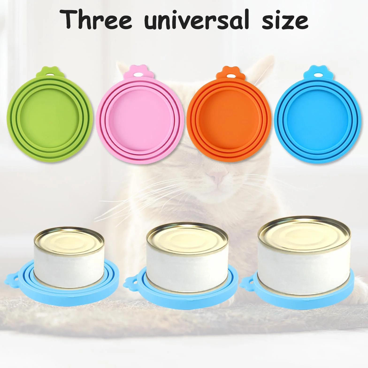 Lot de 4 couvercles de boîtes de conserve pour nourriture pour chat Couvercles universels en silicone pour boîtes de nourriture pour animaux de compagnie 3 en 1 tailles standards avec 4 crochets en