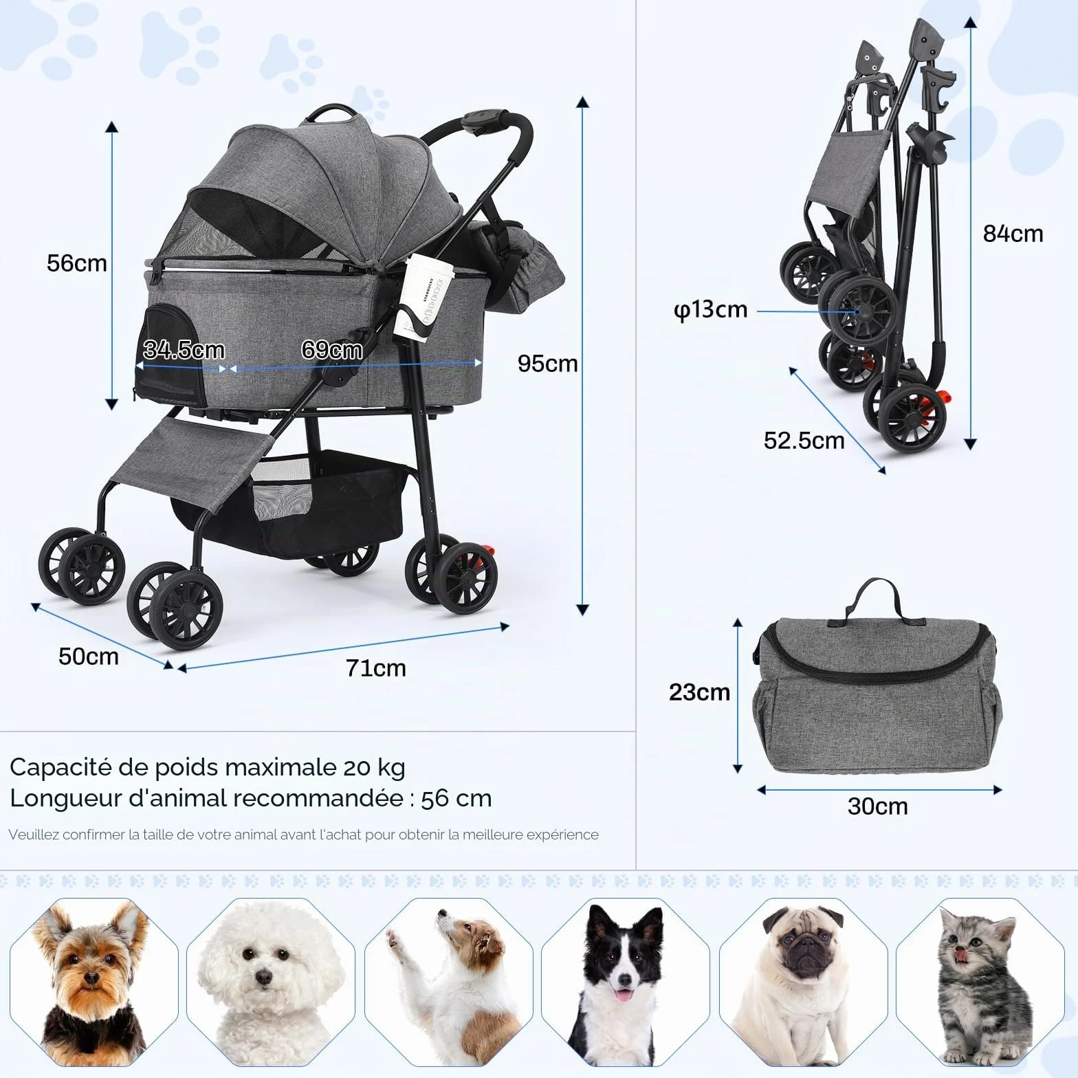 MAMIZO Poussette pour chien 3 en 1, jusqu'à 20 kg, 4 paires de roues doubles à 360 °, livrée avec un sac à bandoulière, poussette pliable pour chiens de petite/moyenne taille et chats, Gris