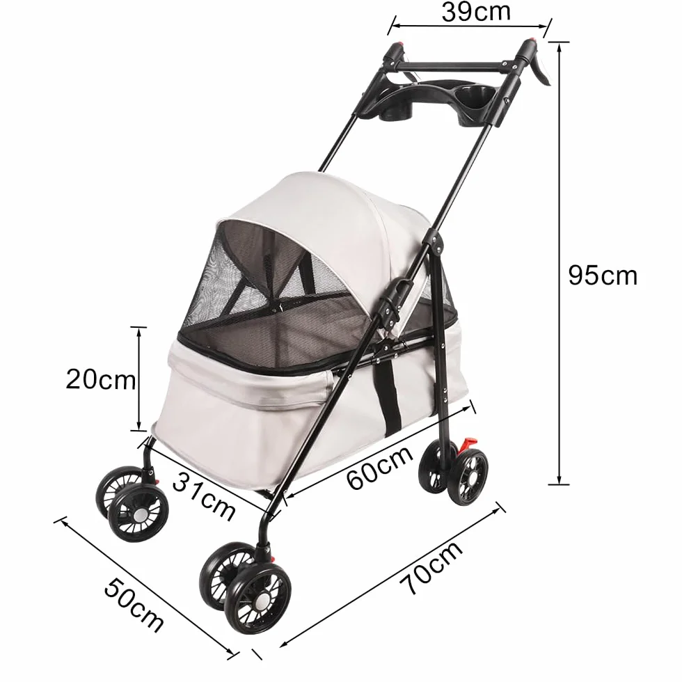 Poussette de voyage pliable pour chiens et chats avec roues, porte-gobelet, auvent réglable, grand panier