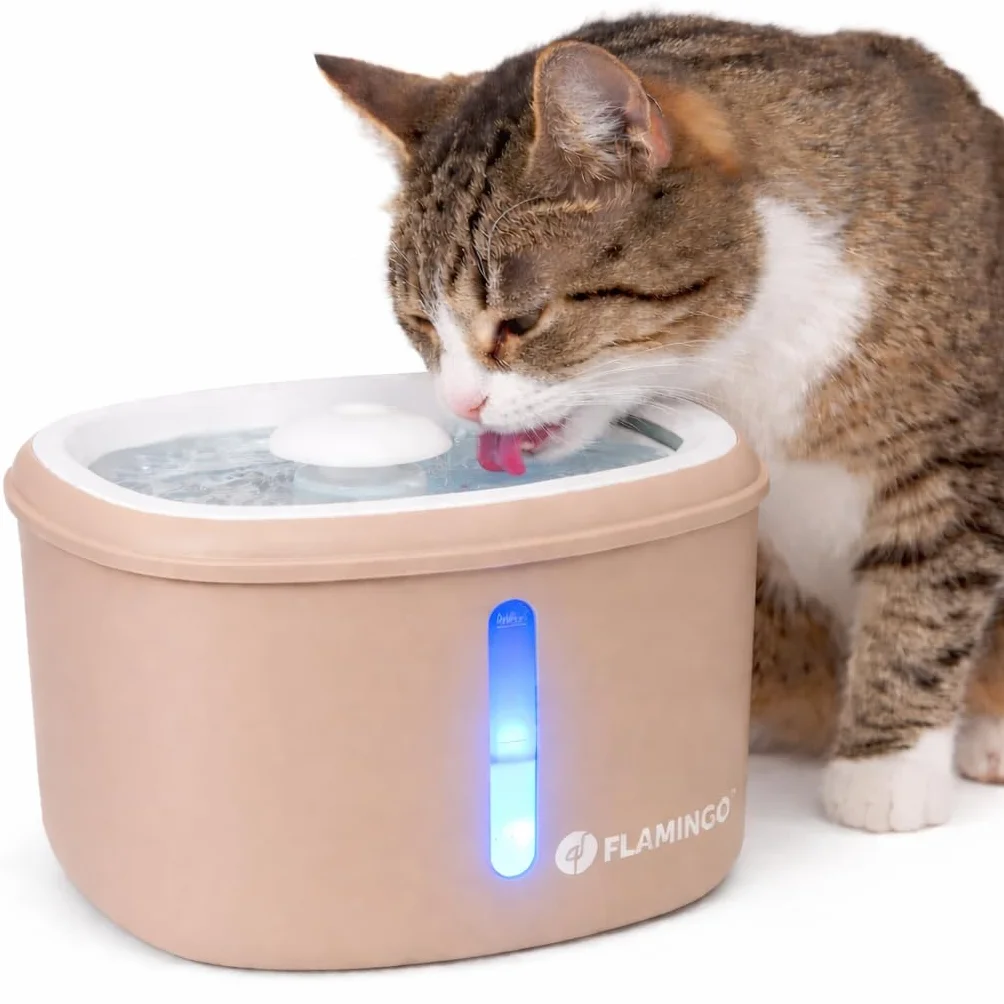 Fontaine à Eau Chat Flamingo Finto Beige 2,5L Plastique Pompe Silencieuse Arrêt Auto Filtre Charbon Actif Résine Indicateur Lumineux