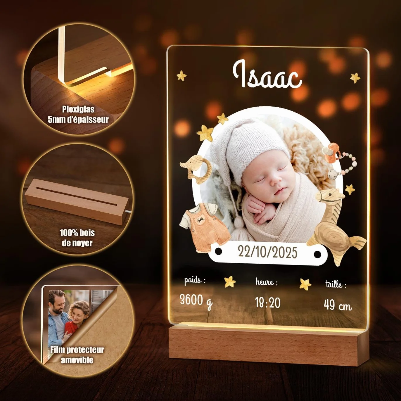 Maverton Cadre Photo Personnalisé Enfants Lampe LED Plaque Personnalisable Souvenir Jeunes Parents