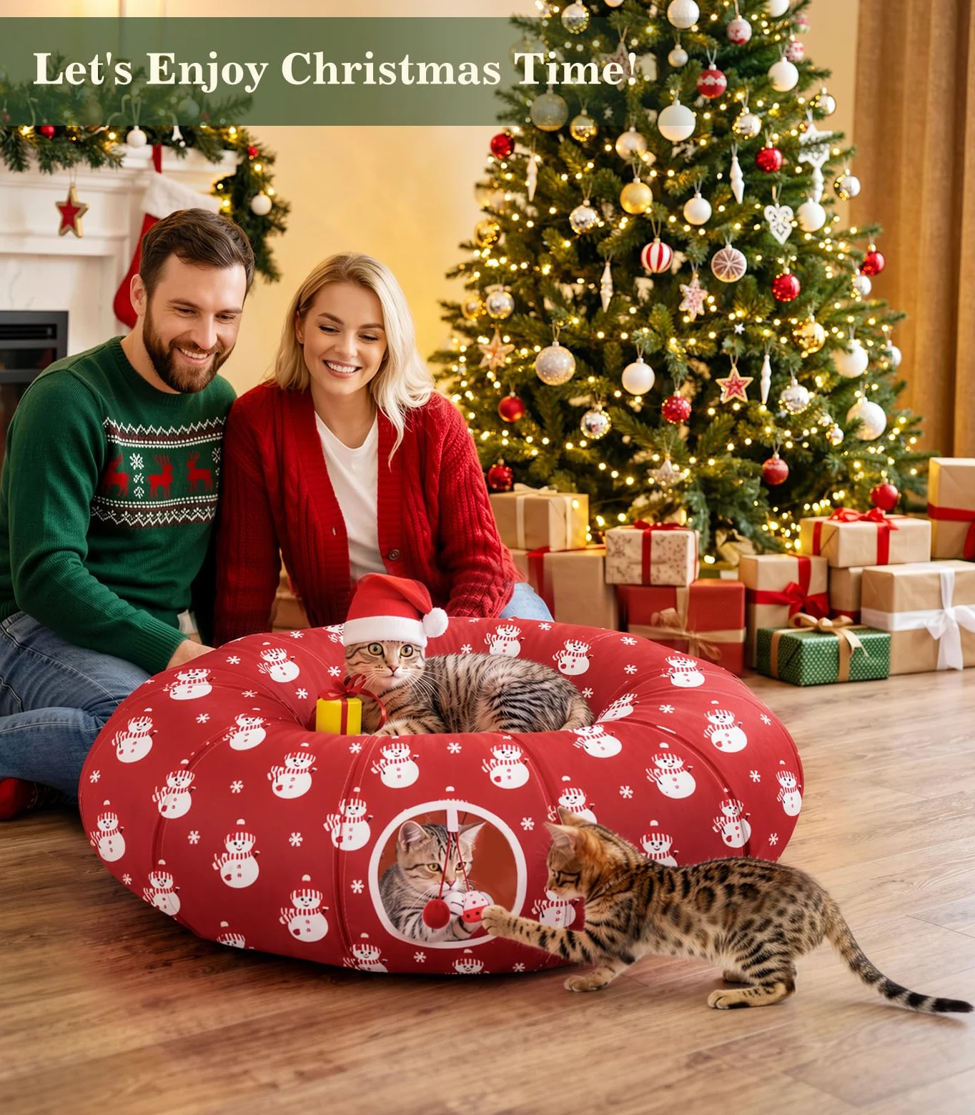 Pawaboo Lit Tunnel Noël Chat 35,4", Bonhomme Neige | Tunnel avec tapis, balles en peluche et grelots pour jouer, se cacher et se reposer.