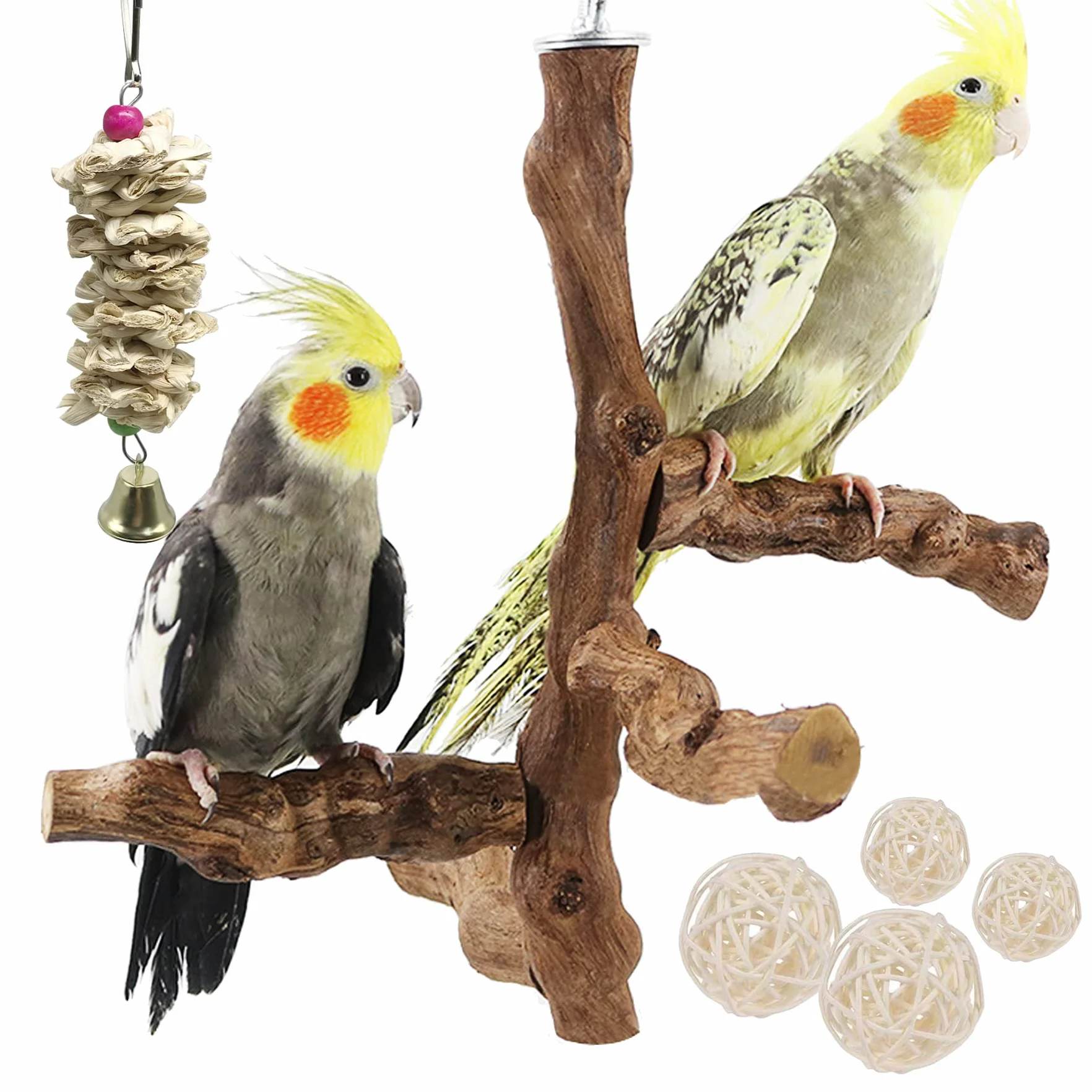 Perchoirs à Oiseaux Naturels avec Jouets à Mâcher en Vigne Naturelle pour Perroquets Lot de 6